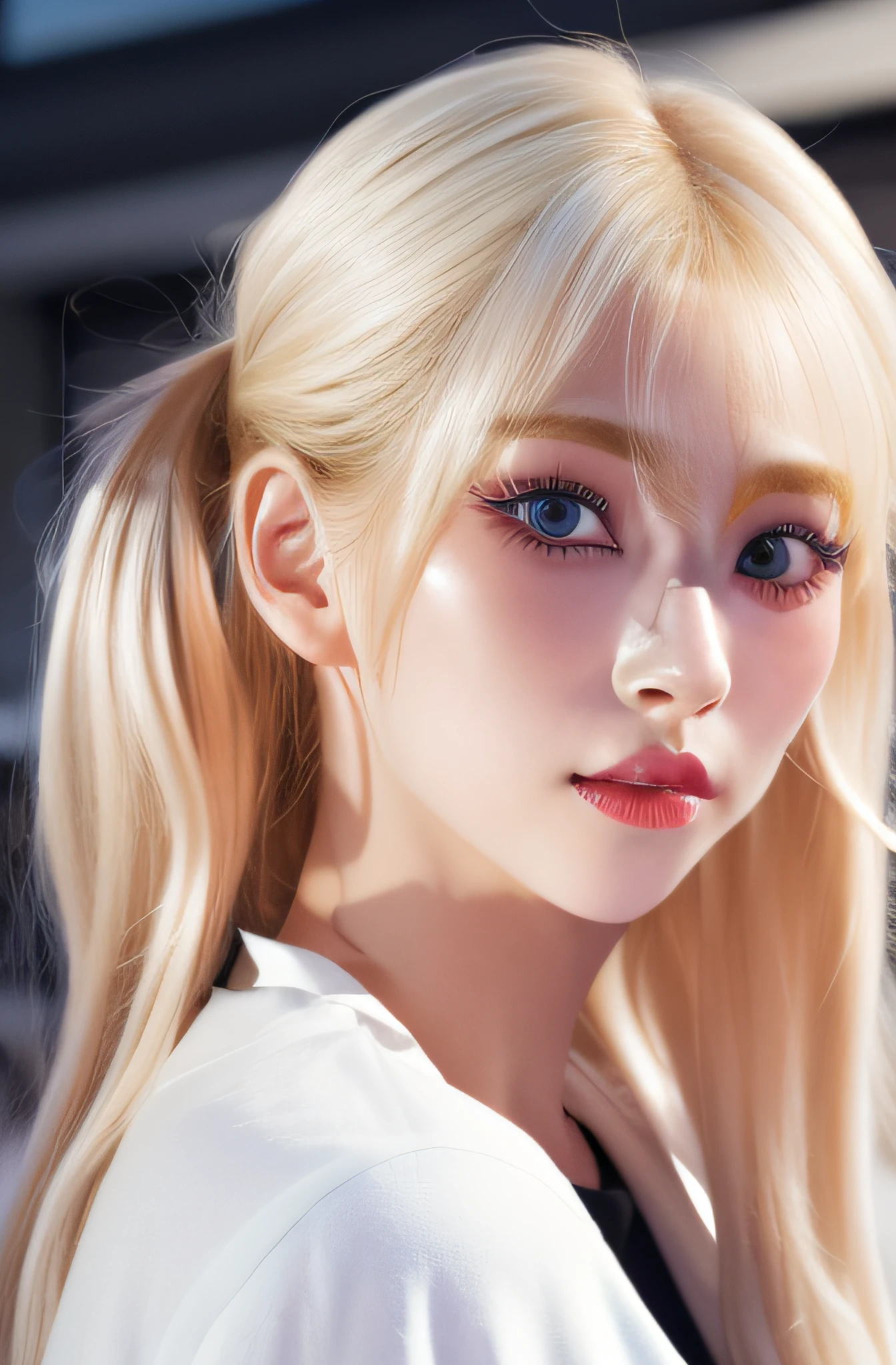 (8k, 4k, best quality, highres, ultra high res:1.1), (masterpiece, realistic, photo-realistic:1.1), 1girl, face, close-up, twintails, blonde hair, black eyes, red lips, (looking at viewer:2), absurdly long hair, long eyelashes, eyeshadow, small face, big eyes,
bare shoulders,
high contrast,