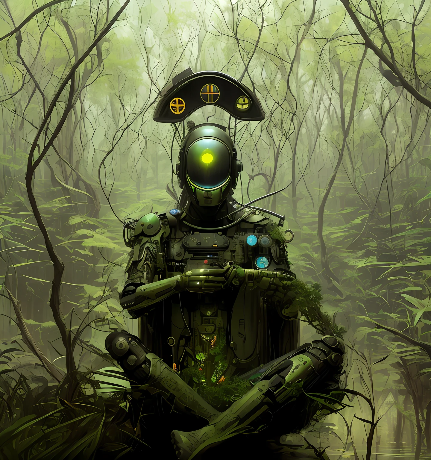 there is a man sitting in a swamp with a helmet on, a cyborg meditating, zen méditation cyberpunk, intricate transhuman, psychedelic organic cyborg, transhumanism, inspired by Igor Morski, inspired by tomasz alen kopera, cybernetic body, neosurrealism. digital art, mystical post apocalyptic cyborg, dmt ego death