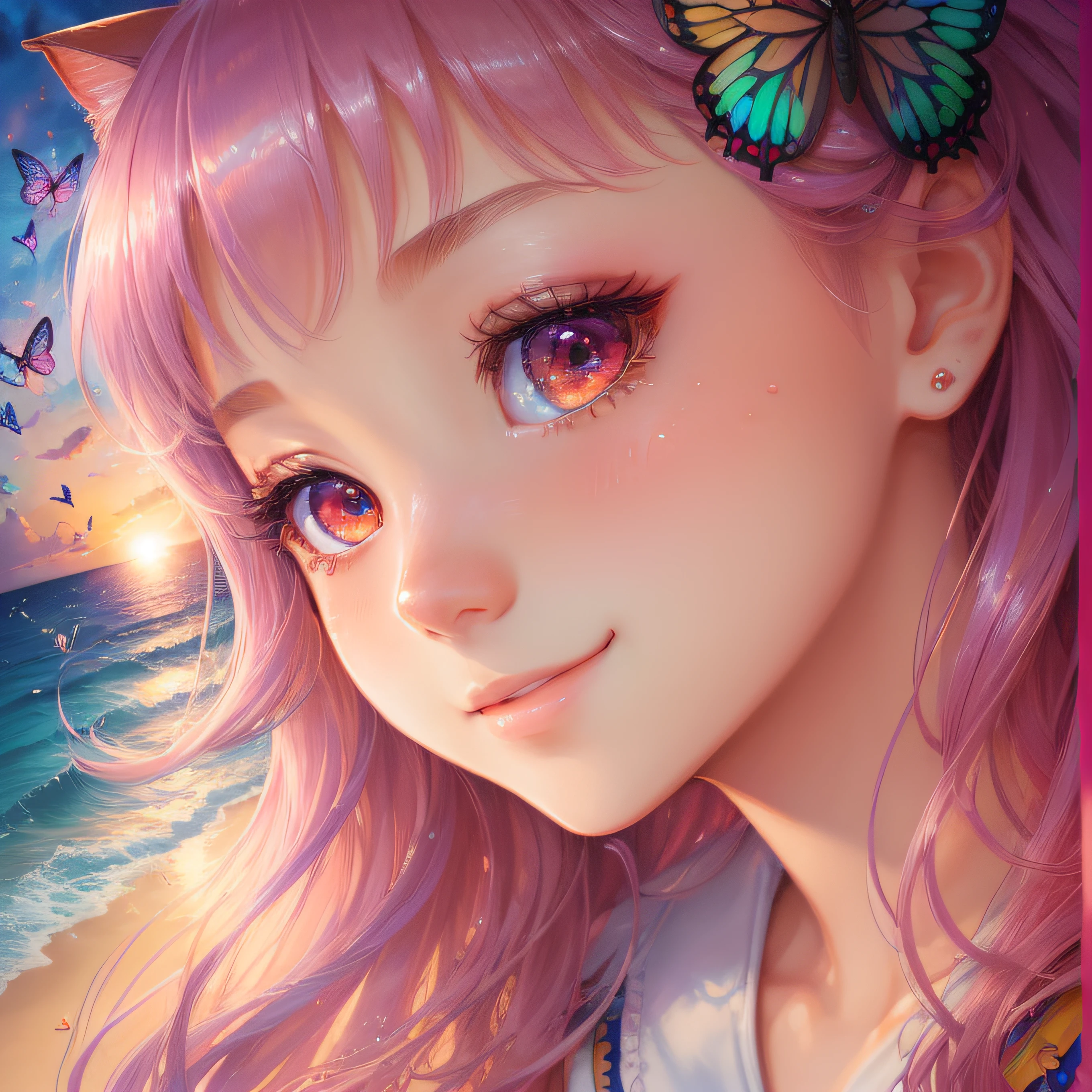 Close up of a smile with the corners of the mouth raised、Close up of a smile with the corners of the mouth raised、Close up of a smile with the corners of the mouth raised、close up of face、close up of face、close up of face、round and clear eyes、Shining eyes、Shining eyes、Beautiful 22 year old woman、dreamlikeart、Highly detailed airbrush art,Surreal、intricate detailes、Volumetric lighting、(masterpiece:1.2)、(top-quality)、(The ultra-detailliert)、(The composition of the movement:1.4)、Highly detailed colorful details、(Irridescent color:1.2)、(Bright lighting)、dream-like、Magical、dynamic compositions、Ray traching、The mirror reflects light、Shallow depth of field、ultra-detailliert、mixing exposure、nffsw、Super masterpiece、vivd colour、colourfull、One woman's face、(Cute cat in clothes)、Anthropomorphic representation、Rich colors、exquisitedetails、(masutepiece,Best Quality:1.5), (butterflys,Exquisite butterflies,Ultra CG), (High resolution:1.5)、(Big eyes、Iridescent eyes、Shining eyes、Eye Gloss)、Pink-red cheeks、(Raise the corners of your mouth and smile、Open lips、red-lips、lipgloss)、(bangss、Colorful shiny hair)、The beach is covered with colorful and transparent smooth stones:1.5、Orange in the sky、pink there、Absolutely enchanting sunset on the beach mixed with yellow。The water is crystal clear、White sand beach stretches out as far as the eye can see。It's a dynamic and breathtaking scene。Enjoy the calm atmosphere、