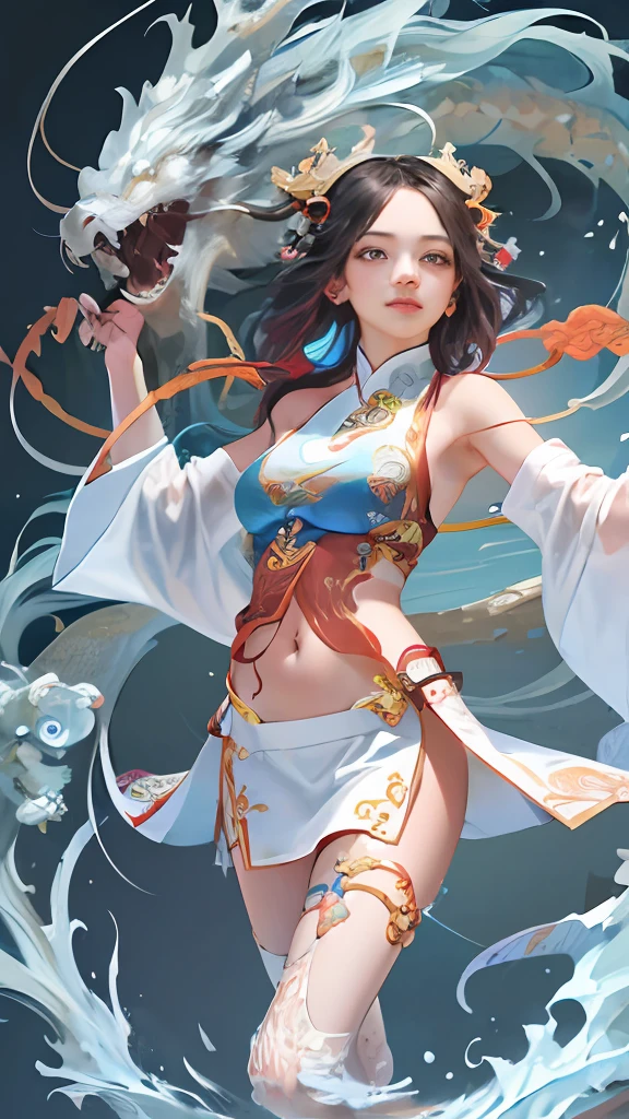 Official Art, Unified 8K Wallpapers, Ultra Detailed, Beautiful and Aesthetic, Masterpiece, Best Quality, (Zentangle, Tangle, Entangle), (fractal art: 1.4), 1girl, black hair, Chinese, bare shoulders, short skirt, calf, navel, very detailed, dynamic angle, cowboyshot, (most beautiful form chaos), flowing, (bright colors), oc, (half: 1.2), china, (thangka flying sky: 1.5), (ribbon: 1.3), (dream: 1.5), (hanfu: 1.5), Chinese dragon, Chinese phoenix, (smile: 0.5), (Chinese deity),