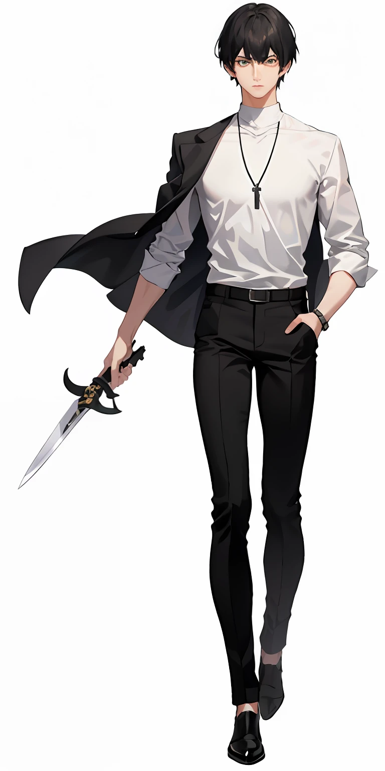 1man,1boy,Semi-realistic, white background,black pants, white shirt, knife necklace, black hair, green eyes, casual attire, well-defined body,Full body, serious expression, short hair,Expressions in the eyes,Masculine