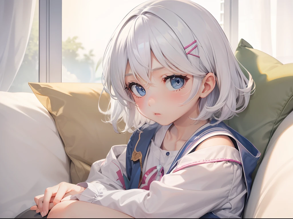 Best quality, tmasterpiece, 5 years old girl, Short white hair, eBlue eyes, sitting in the couch, Expression of grievance