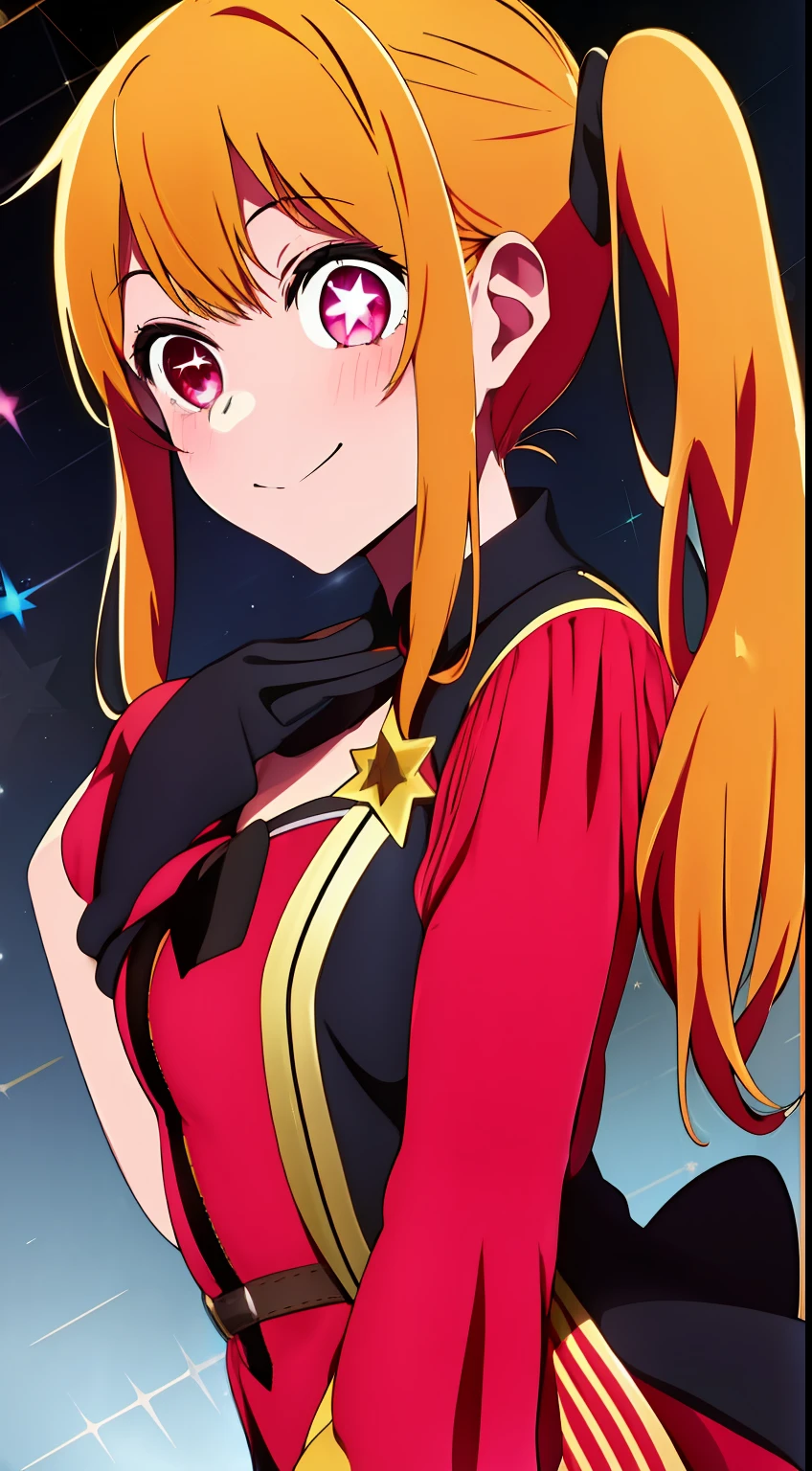 1girl in, Solo, Hoshino Ruby, symbol-shaped pupils, (Left star-shaped pupil:1.2), Sparkling eyes, (Left star:1.4), symbol in eyes, Red Eyes, Long hair, Blonde hair, Bangs, blush, (Side Ponytail:1.1), (Dress:1.2), on a stage, Idol, Spotlight, Smile, (masutepiece:1.2), hight resolution, Best Quality, Live costumes、Black Gloves