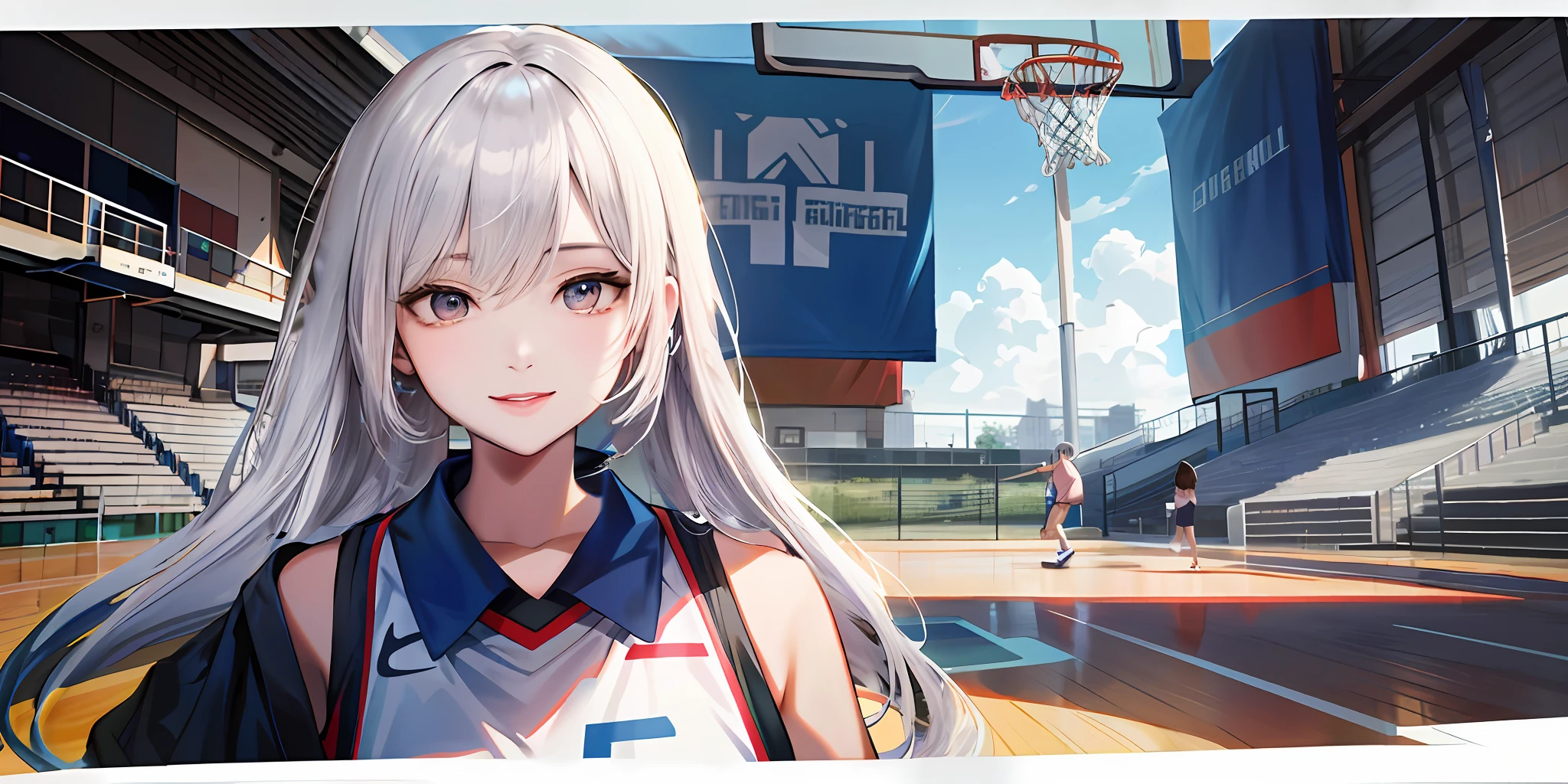 Anime girl with white hair standing in front of basketball court, volley court background, Smooth anime CG art, Official artwork, Digital anime illustration, Guviz-style artwork, style of anime4 K, high detailed official artwork, trending on cgstation, Realistic anime 3 D style, Anime style illustration, trending on artstation pixiv,basketball playground,Basketball sportswear