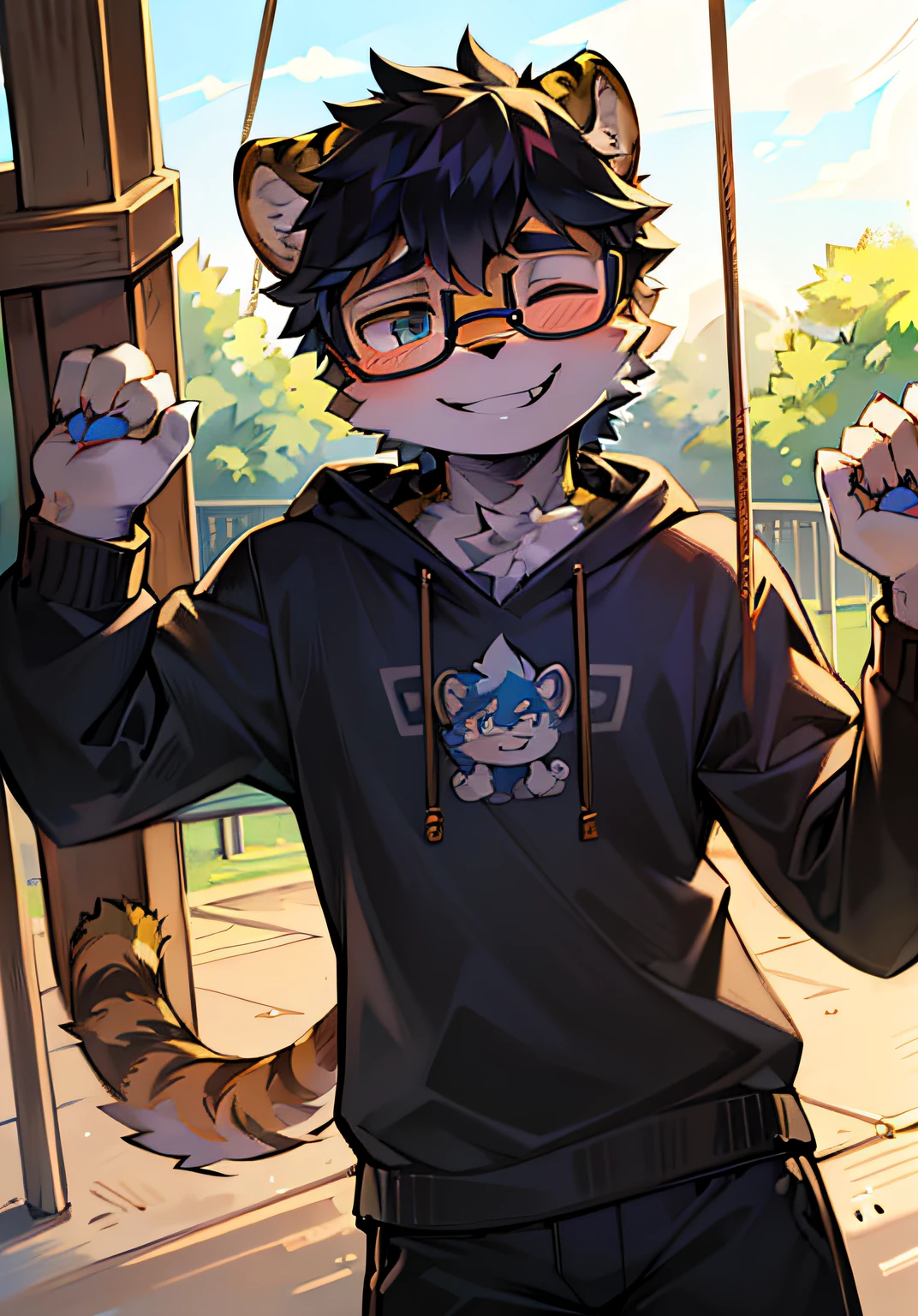 1.The character（Bright environment:0.8),eyes with brightness, Upper body, Character focus.(detailedbackground:0.7), adolable，furry men，Young age，The head is on the large side，shaggy male，Sunny and cheerful，Smiling，Wear blue and black glasses，White sweatshirt，tigre，（Long felines，Shota，Normal standing posture）Steady and secure，Laser sword。2.The character，tmasterpiece， High-quality portraits， human - shaped， shaggy， grey fur， （Cubs）， （sbeard）， Solo children's boy， bangle， （Playground swing）， leisure wear， （Smile with your eyes closed and bared teeth）， exteriors， （by Kekitopu）