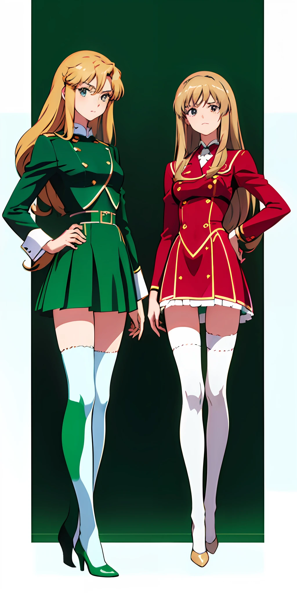 ((Masterpiece, highres)), 2girls, duo, twins, ((one brown haired girl, one blonde girl)), long hair, curly hair, matching hairstyles, different hair color, confident, elegant, (((matching outfits, matching uniforms, green uniforms, white thighhighs, long white socks, black high heels))), standing at attention, shoulder to shoulder, same pose, mansion, RETRO ARTSTYLE, 1990S (STYLE)