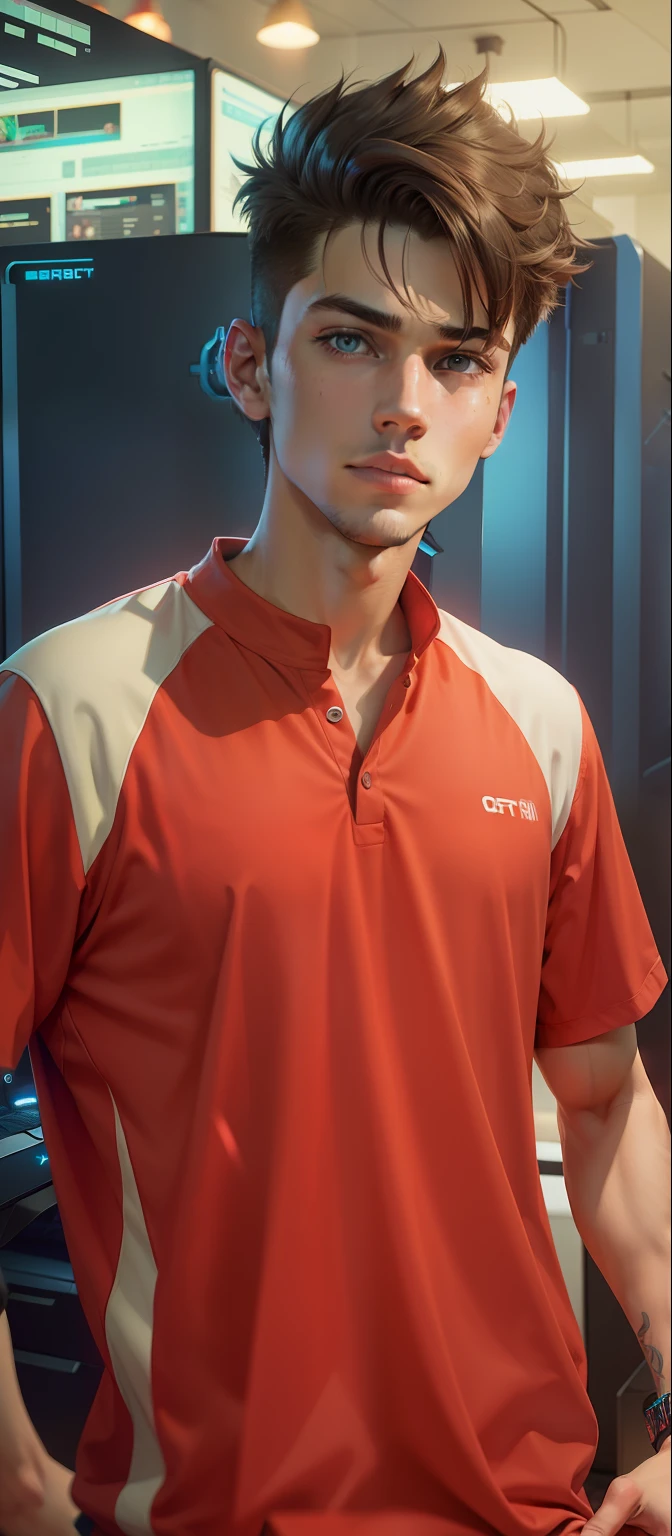 Handsome boy with gaming setup in the background, cyberpynk theme color grading