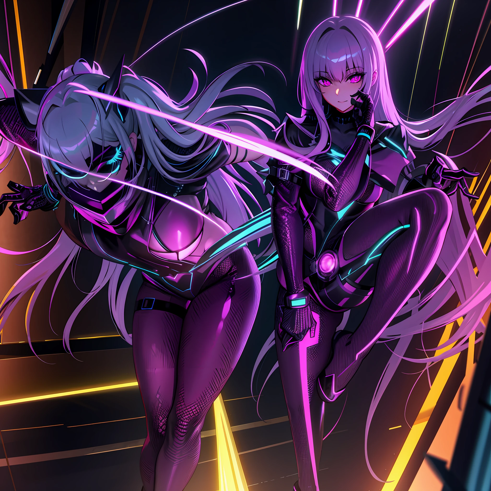 hyper-detailing，A high resolution，hyper-detailing，best qualtiy，astounding，top Quority，the Extremely Detailed CG Unity 8K Wallpapers，cinmatic lighting，fishnet stockings，cyber punk perssonage，Dark Maiden