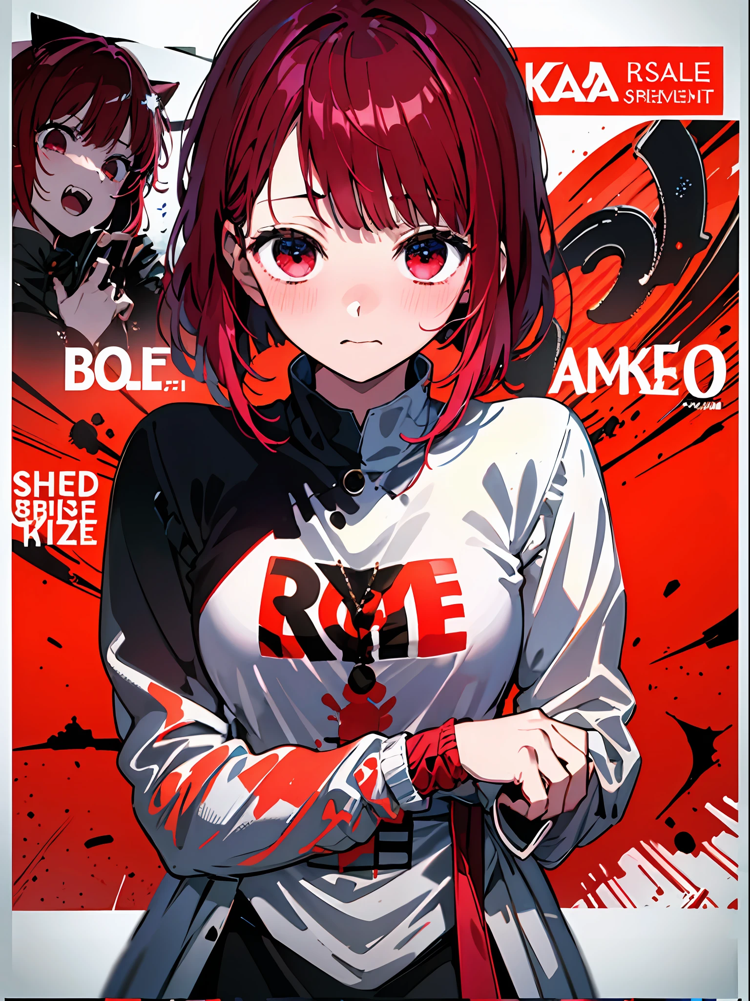 (​masterpiece、top-quality、hight resolution)、 Kana Arima \(Oshinoko\), full of shyness、red hairs、Bob Hair、Star-like eyes、red blush、Wavy mouth、(((Dramatic)))、(((gritty)))、(((vehement))))The poster of the film appears as a central character。She is shy in the center of the poster、Wearing an idol costume、Has a determined look。The background is dark and rough、I feel like I'm drunk。Text is bold and eye-catching、Catchy slogans add to the overall drama and excitement。The color palette is dominated by dark colors.、Bright colors dotted、Make your poster dynamic and visually impactful、Tachi- e(magazine:1.3)、(cover-style:1.3)、Fashionable、with a vibrant、outfits、the pose、the front、colourfull、Dynamic、Background with、element、self-assured、Expressively、ngel、statement、attachment、An majestic、coiled、surroundings、Touch、The scene、Texto、covers、boldface、grab attention、Titles、lo fashion、Font、Catchy、Titles、Large、grab attention、moderno、 Trendy、concentrating、Stylish、1 girl in、Bold chest