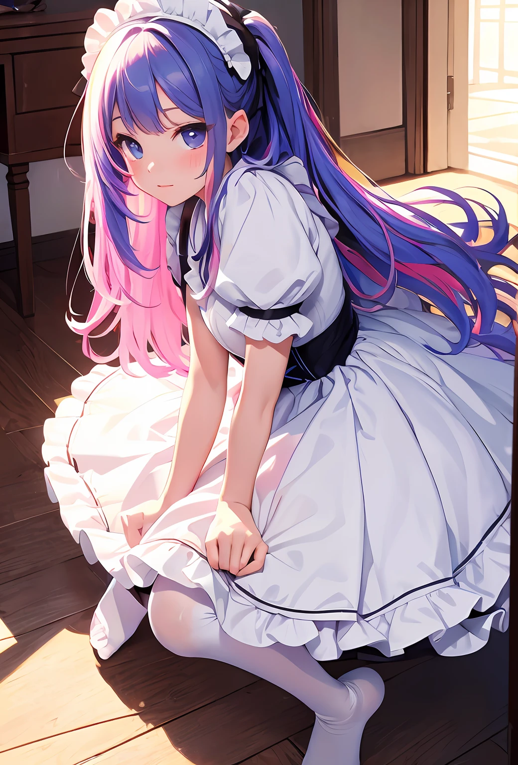 best qualityer,tmasterpiece,Ultimate resolution,downy,Extremely colorful,Colorful,Big high school girl,Lolita long dress, white stockings,Barefoot,shoes,Castle background,closeup of face