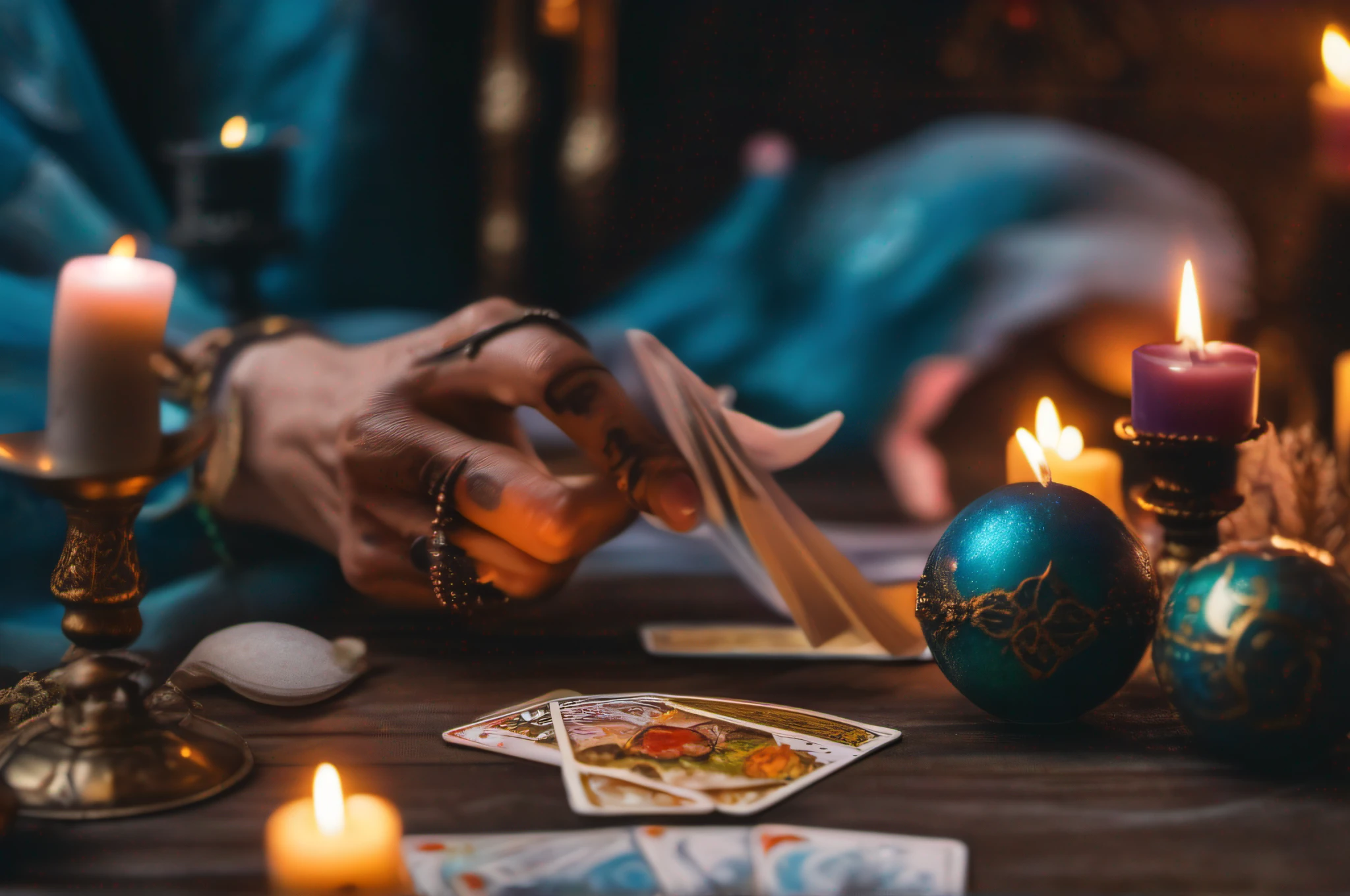"A mystical tarot fortune teller predicting the future with an ancient deck of cards, surrounded by candles and incense, mysterious atmosphere, glowing crystal ball, deep focus on the tarot cards, intense colors, ethereal and enchanting."