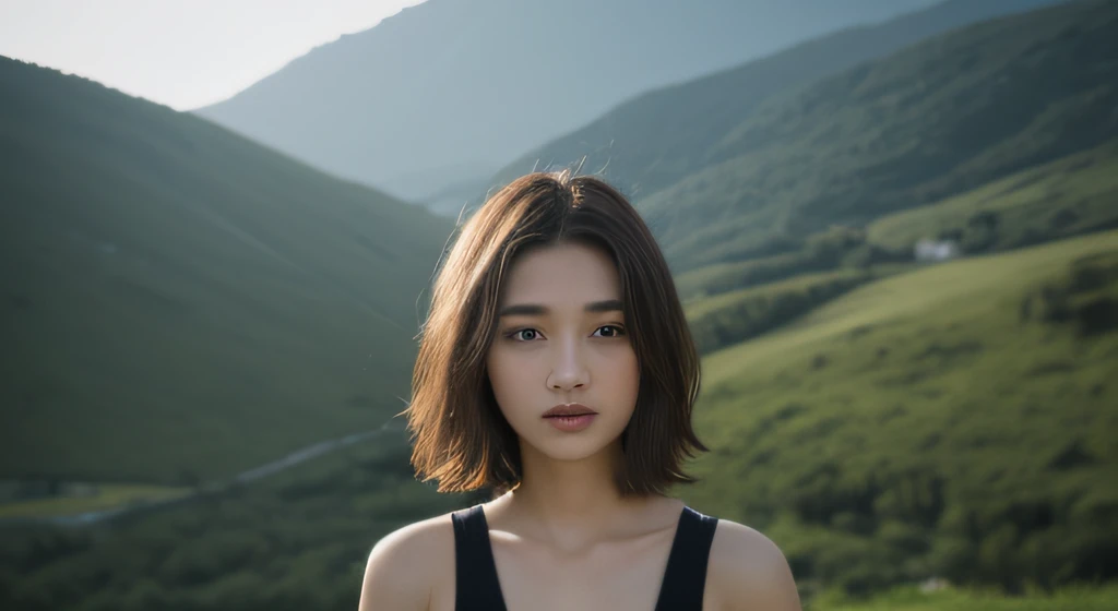 ((Realistic lighting, best qualtiy, 8K, tmasterpiece:1.3)), sharp fokus:1.2, 1个Giant Breast Girl, Beautiful Women with Perfect Figure:1.4, Slim abs:1.1, ((dark brown hair)), (White crop top:1.4),(exteriors,during night:1.1),zona rural,Ultra-fine face,Fine eyes,二重まぶた,Third person upper body view