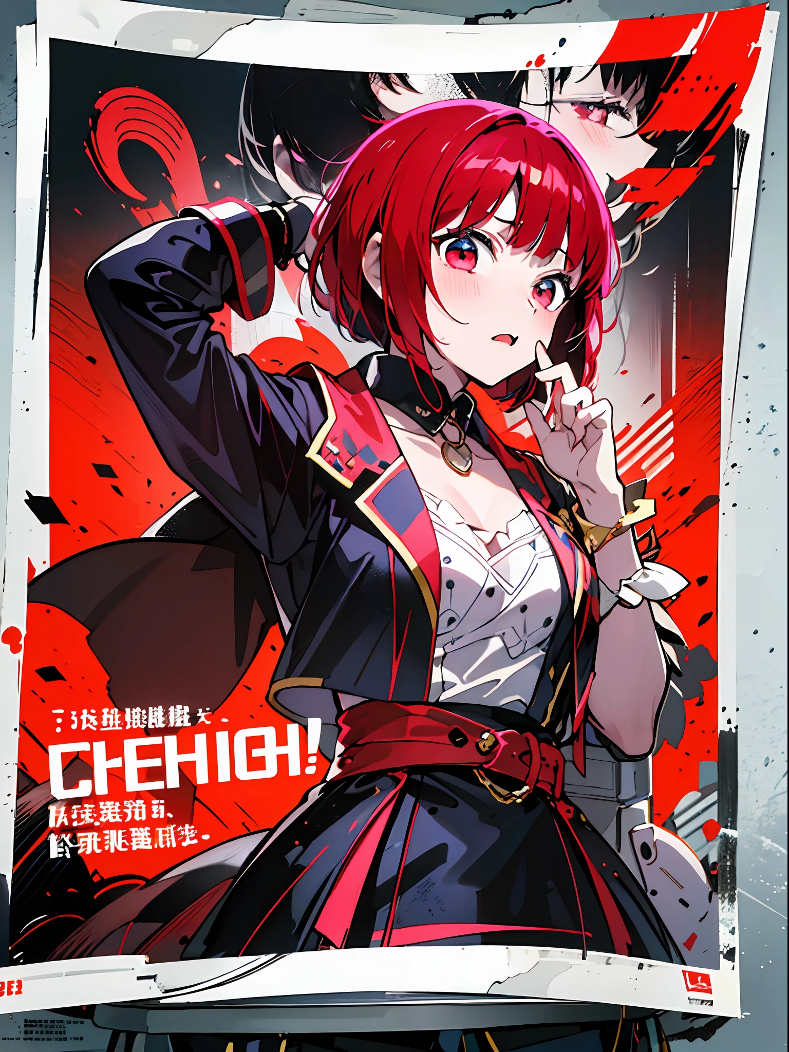 (masterpiece、top-quality、hight resolution)、 Kana Arima \(Oshinoko\), full of shyness、red hairs、Bob Hair、Star-like eyes、red blush、Wavy mouth、(((Dramatic)))、(((gritty)))、(((vehement))))The poster of the film appears as a central character。She is shy in the center of the poster、Wearing an idol costume、Has a determined look。The background is dark and rough、I feel like I'm drunk。Text is bold and eye-catching、Catchy slogans add to the overall drama and excitement。The color palette is dominated by dark colors.、Bright colors dotted、Make your poster dynamic and visually impactful、Tachi- e(magazine:1.3)、(cover-style:1.3)、Fashionable、with a vibrant、outfits、the pose、the front、colourfull、Dynamic、Background with、element、self-assured、Expressively、ngel、statement、attachment、An majestic、coiled、surroundings、Touch、The scene、Texto、covers、boldface、grab attention、Titles、lo fashion、Font、Catchy、Titles、Large、grab attention、moderno、 Trendy、concentrating、Stylish、1 girl in、Bold chest