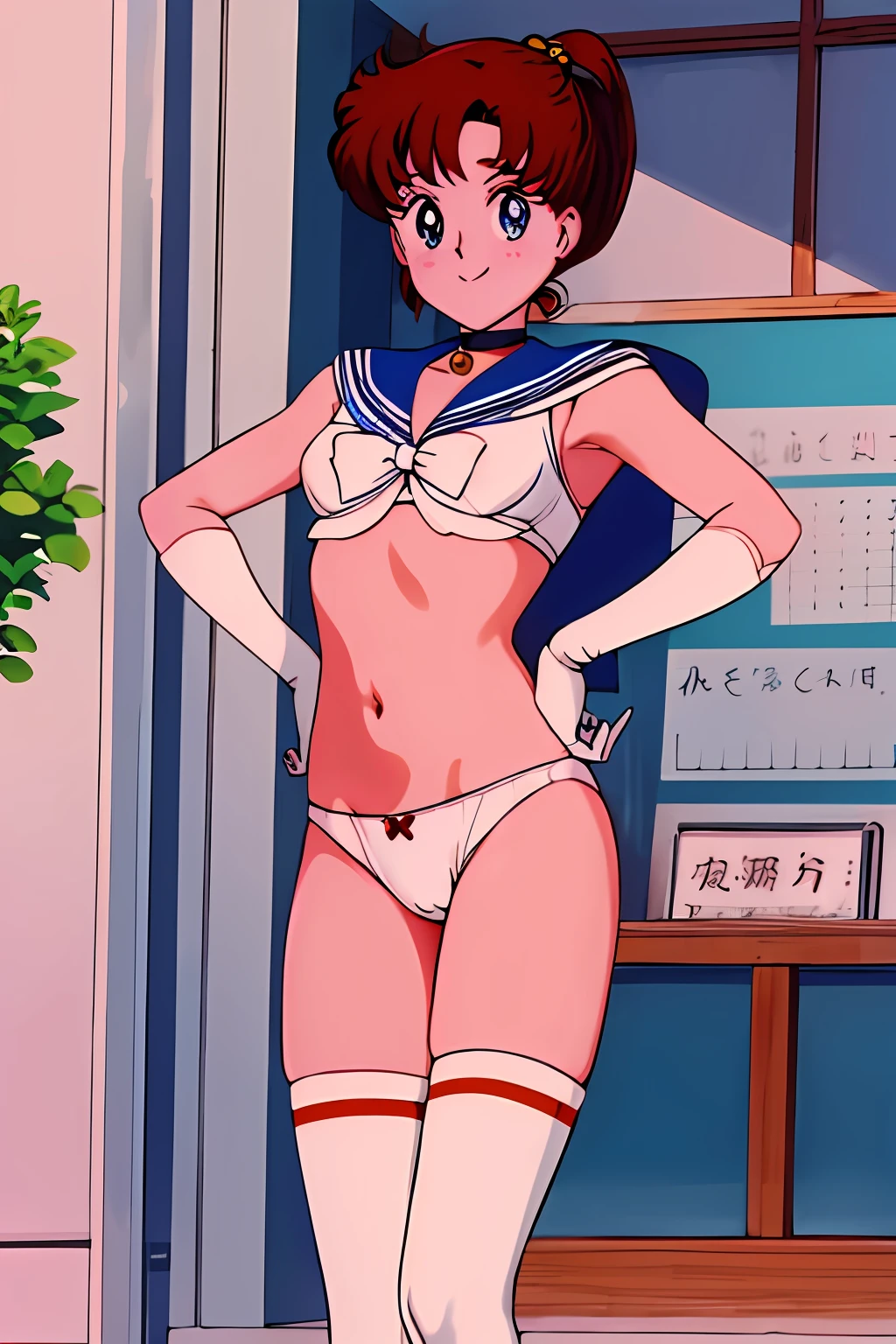 masterpiece, top-quality, hight resolution, Mer1, tiarra, the bow, knee boots, a choker, white glove, Blue choker, elbowgloves, jewely, 耳Nipple Ring, cowboy shot, 1990's\(styles\), plein air, put hands on the hip, A smile, Indoors, Underwear、White underwear、White bra、White panty、Underwear with a small area、in one's underwear only、Nipples are coming out、teats、teats、teats、Underwear、White underwear、White bra、white panty、Underwear with a small area、in one's underwear only、Nipples are coming out、teats、teats、teats、Pussy、Pussy、Pussy、Retro anime style、TV anime style、Ami Mizuno、Sailor Mercury