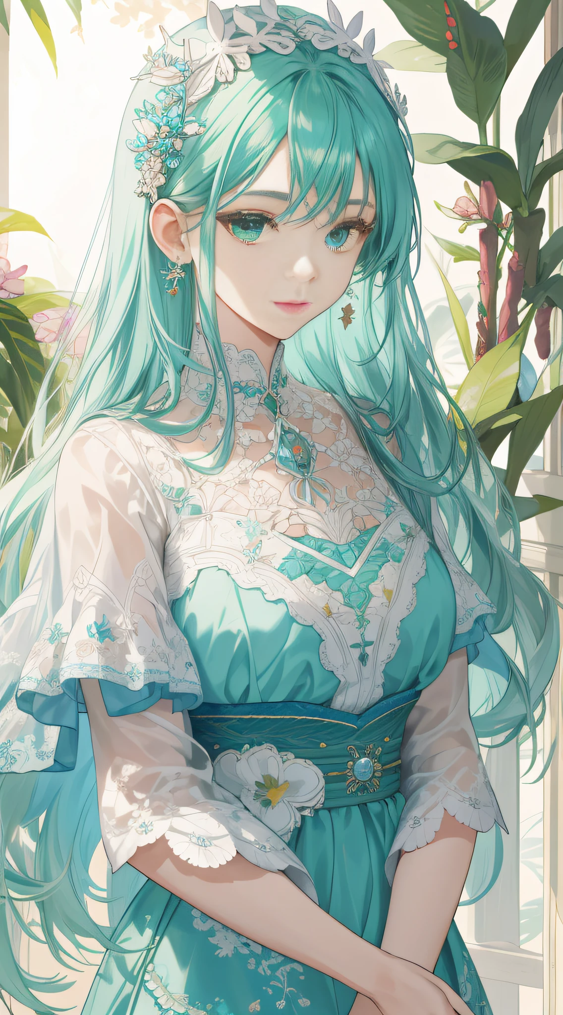 (absurderes,A high resolution,ultra - detailed),1girl,a matural female,White thick hair,Long hair in waves,Parted bangs,Beautiful hair accessories,Gorgeous turquoise evening dress,delicated face,Ultra-fine eyes,with emerald green eyes,A shy face,Pink cheeks,intricately details,Glossy glossy skin,BREAK mosaic art,nub,Colored inlays、Intricate patterns、Tile design、Durable surface、The time-honored technique BREAK macro photography、Extreme close-up、Complicated details、enlarged textures、Amazing clarity、Hidden beauty、Immersive perspective BREAK 、Create by hand、Handmade products、unique design、Complicated details、Creative expression、exquisite craft