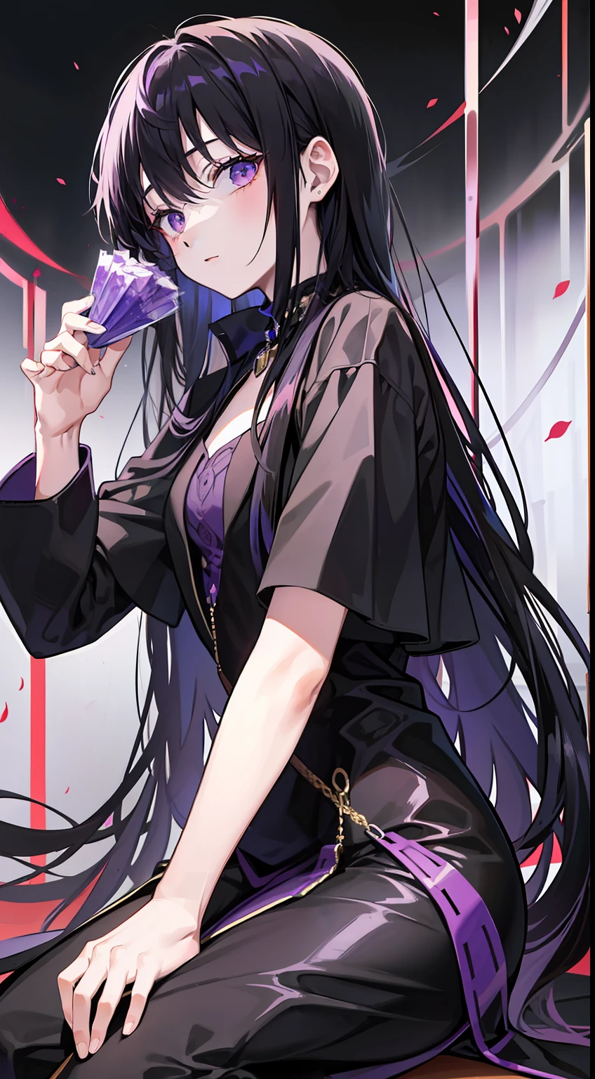 Young boy, long dark purple or black hair, violet eyes, Black rich clothes, Masterpiece, hiquality