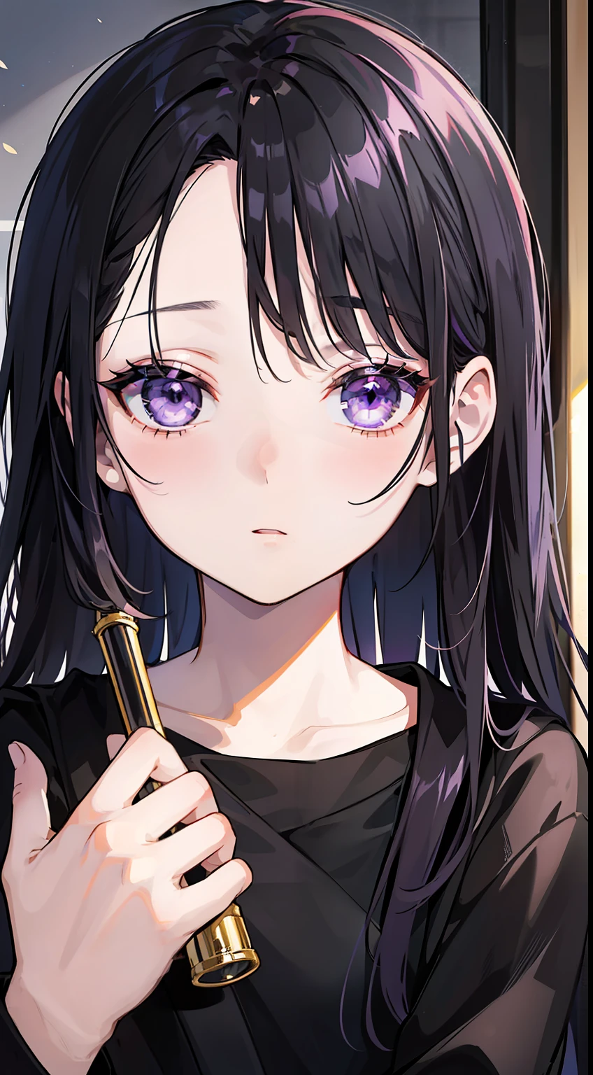 Young boy, long dark purple or black hair, violet eyes, Black rich clothes, Masterpiece, hiquality