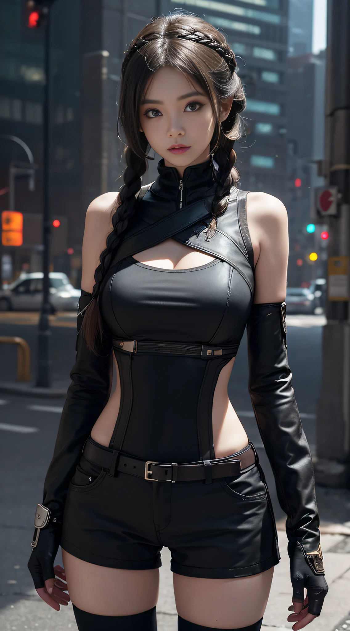((best qualtiy)), ((tmasterpiece)), (the detail:1.4), 3D, A beautiful cyberpunk female image,HDR(HighDynamicRange),Ray traching,NVIDIA RTX,Super-Resolution,Unreal 5,Subsurface scattering、PBR Texture、post-proces、Anisotropy Filtering、depth of fields、maximum definition and sharpness、Many-Layer Textures、Albedo e mapas Speculares、Surface Coloring、Accurate simulation of light-material interactions、perfectly proportions、Octane Render、Two-colored light、largeaperture、Low ISO、White balance、the rule of thirds、8K RAW、1girll,City park shooting,Tilt view,full bodyesbian;1.5,Twist braids,Lingerie with a slinger,Ultra shorts,