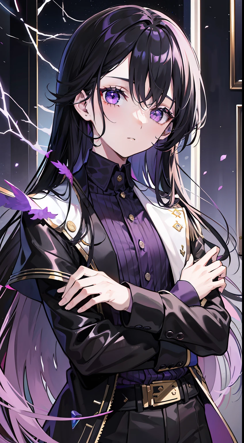 boy, long dark purple or black hair, violet eyes, Black rich clothes, Masterpiece, hiquality