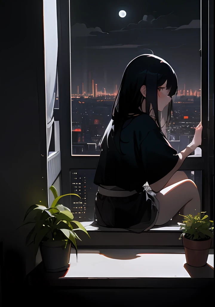 1 girl, solo, sitting, messy room, messy black hair, looking at viewer, white panties, black rock t-shirt,  darkness, view on the night city from the window, dark room, flower pots on the windowsill, plants in pots, tulle transparent curtains, river embankment, riverside, socialist classicism, skyscrappers, city lights, cityscape, moon, clouds, black sky, lonely silhouette by the window