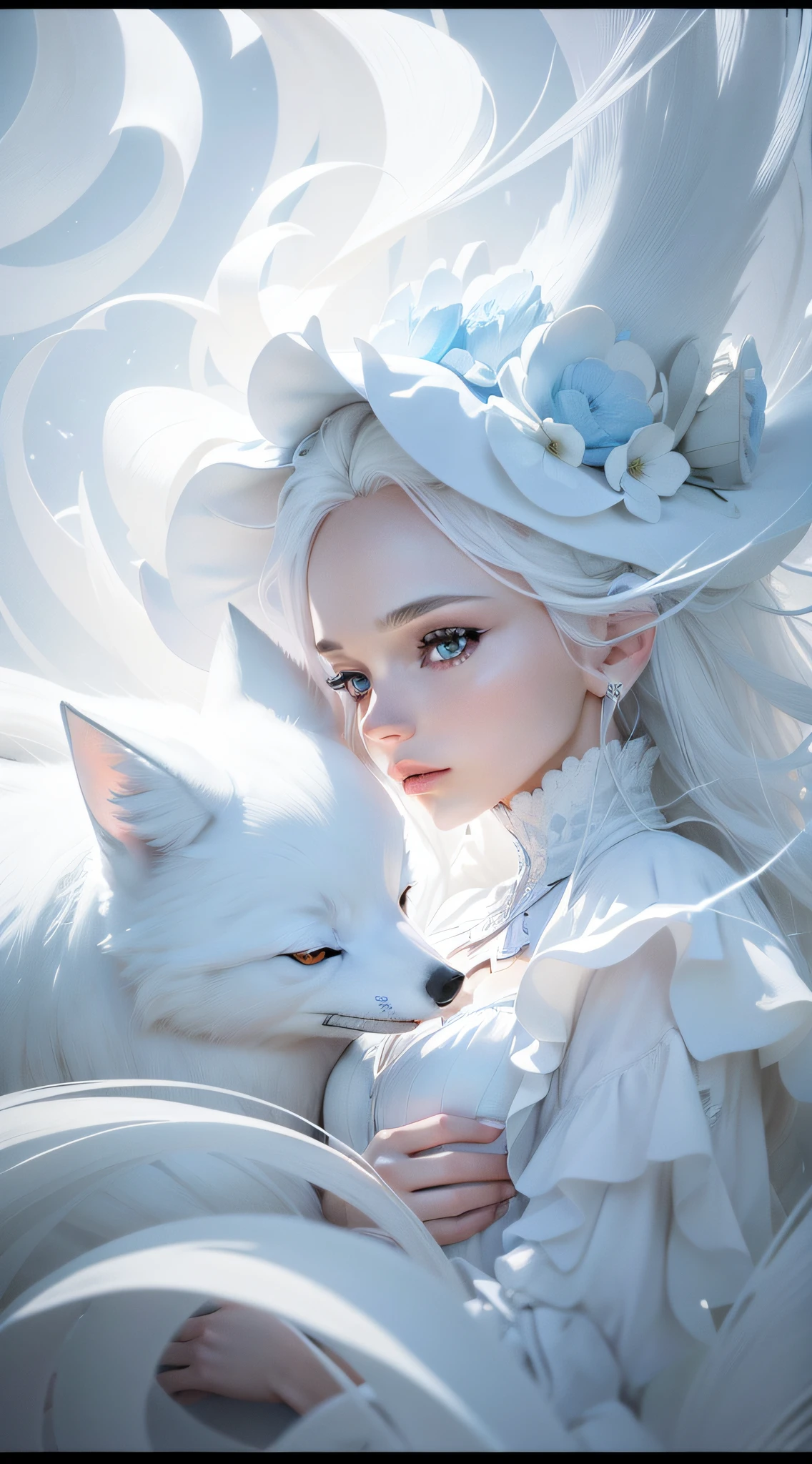 The lady has white hair and a white fox，Volumetric lighting style，barbiecore，Portrait of a dreamy landscape，8k，3d，Sophisticated and simple，Bold character design，Clean blue background，Summer clothes，flat lighting，geometric shapes，hyper HD，hyper-detailing，high detal，best qualtiy，k hd，4K