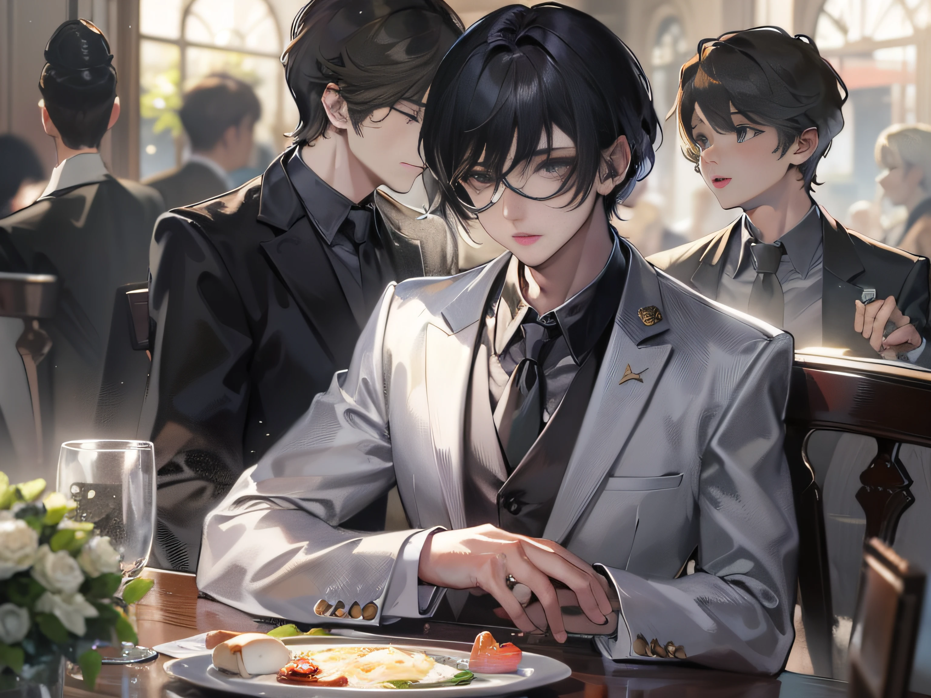 grand master,tmasterpiece,8k wallpaper,CG,Ultra-high image quality,light and shadow effect (A 20-year-old boy with short black hair and a silver suit sits at the dining table and talks to a 20-year-old girl in a formal suit with short black hair standing standing:1.8) (two guys:1.9) (Upper body background display:1.6) restaurant