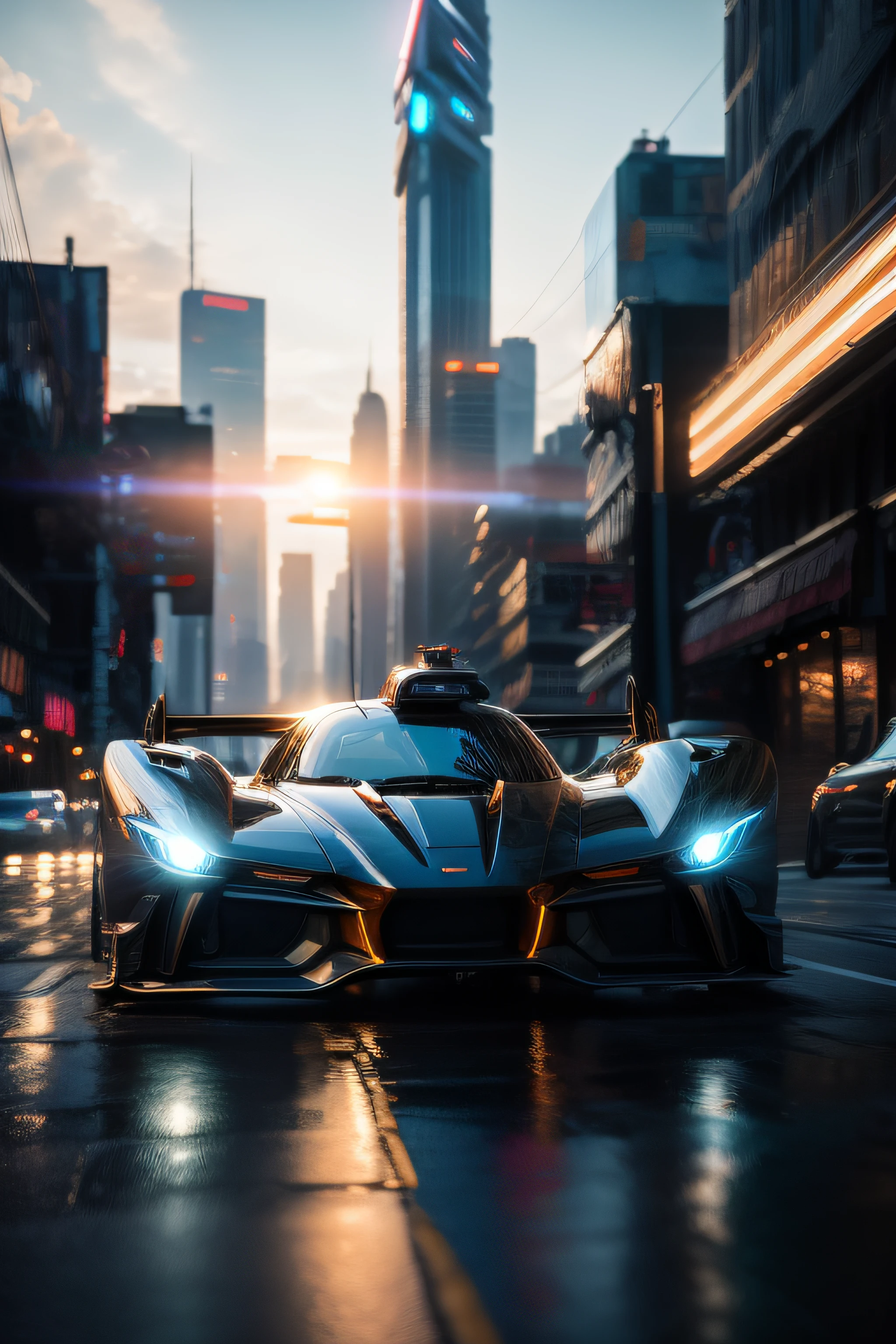 Photography of a Blade Runner-styled car drifting through the streets during the golden hours of sunset. The sleek, futuristic vehicle glides effortlessly around a corner, leaving a trail of tire smoke in its wake. The cityscape serves as the backdrop, with towering neon-lit skyscrapers casting a vibrant glow. Shot from a low angle, this image captures the car's dynamic movement and the mesmerizing play of light and shadows. The post-processing enhances the cinematic atmosphere, with a slight vignette and warm color grading. --s 1000