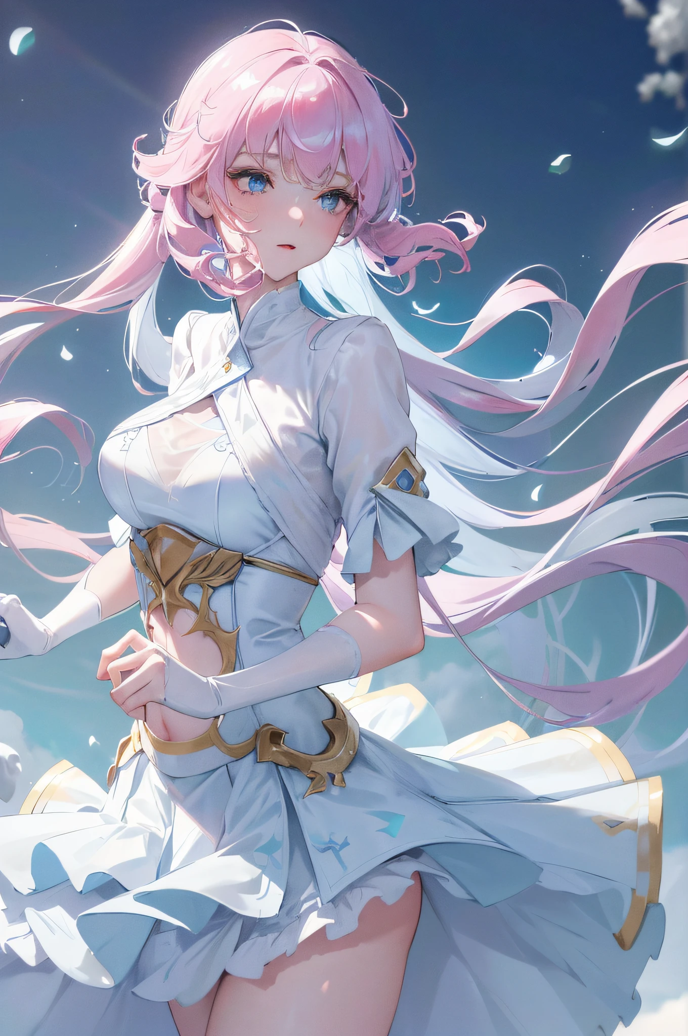 Official fine art,tmasterpiece,Sharp focus,Delicate and beautiful hair and eyes and face,realisticlying,ultra - detailed,a beauty girl,blue-sky,Glowing white particles,(side-lighting:1.2),rays of sunshine,baiyun,Detailed clouds,Slender,Visible and buttocks,scenecy,Long straight hair, sexy facial expression, Delicate platinum-pink hair, glow blue eyes, (blue pleated shirt+white skirt), Long white socks, paleskin, long leges,hair adornments, epic landscapes,