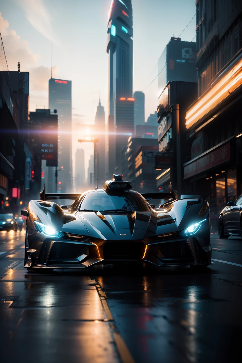 Photography of a Blade Runner-styled car drifting through the streets during the golden hours of sunset. The sleek, futuristic vehicle glides effortlessly around a corner, leaving a trail of tire smoke in its wake. The cityscape serves as the backdrop, with towering neon-lit skyscrapers casting a vibrant glow. Shot from a low angle, this image captures the car's dynamic movement and the mesmerizing play of light and shadows. The post-processing enhances the cinematic atmosphere, with a slight vignette and warm color grading. --s 1000