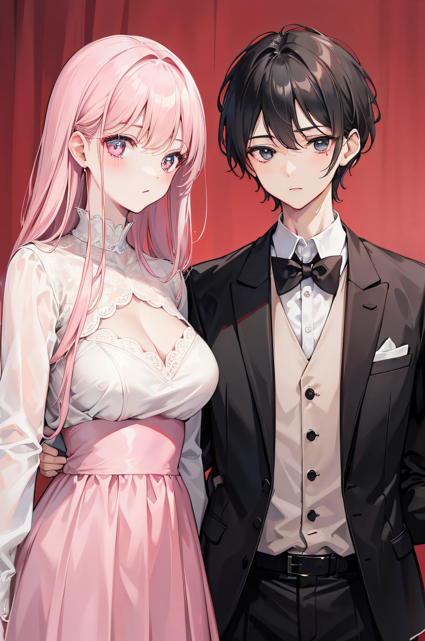 25 year old couple，Royal sister，White shirt, black trousers，Lace，V-neck dress dress，Be red in the face，Pink lips，The background is minimalist，8K masterpiece