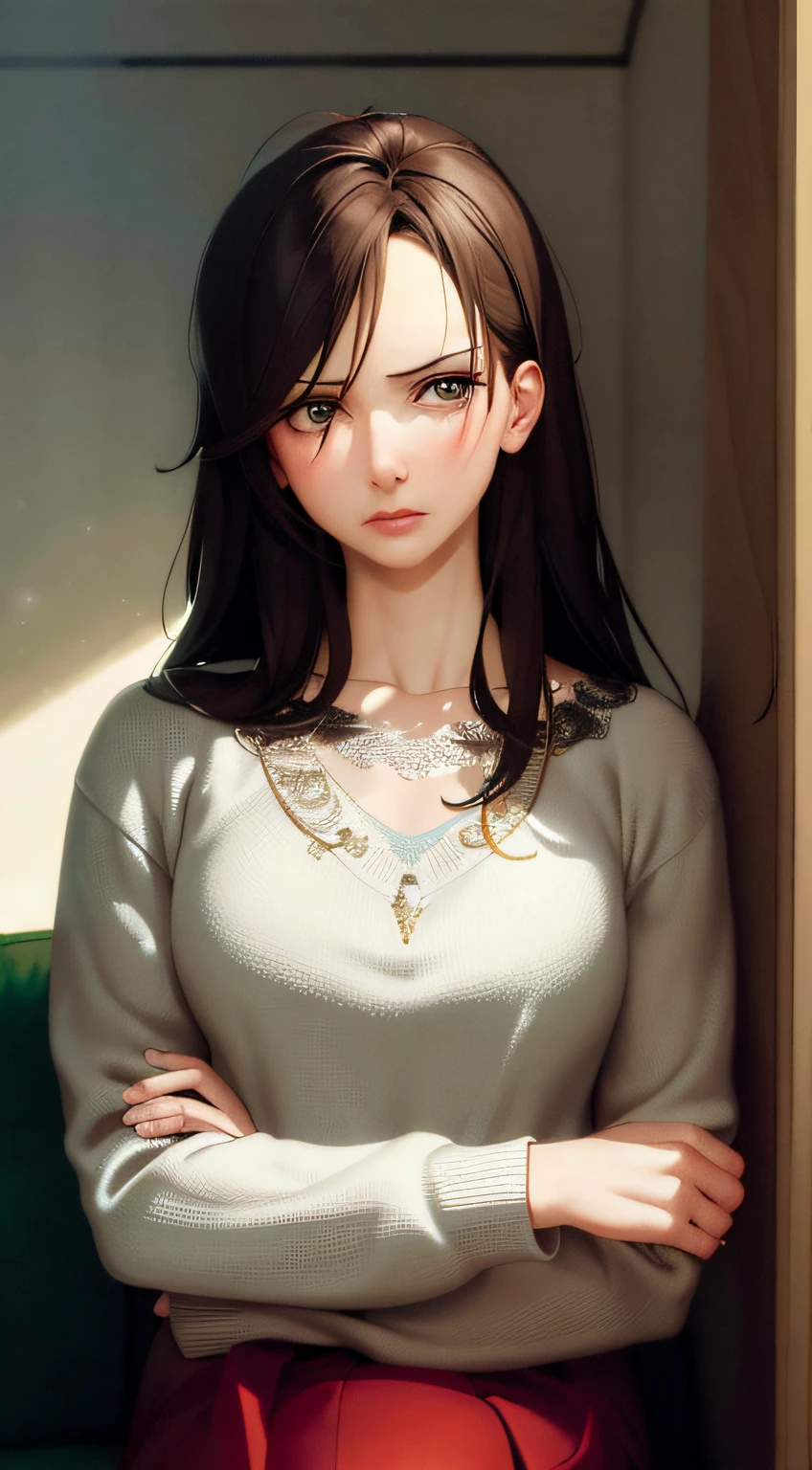 (masterpiece:1,2), best quality, woman 36 years old, sitting on the sofa, gaunt face, look melancholy,