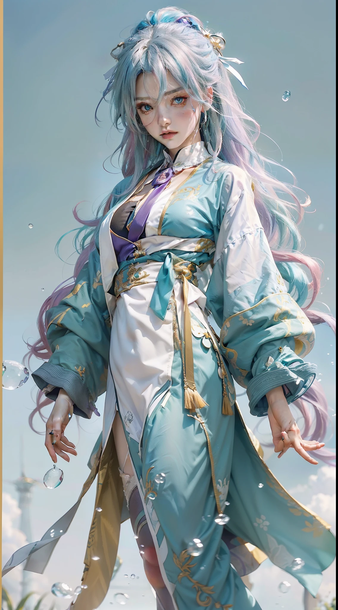 ((tmasterpiece)), Best Picture Quality, Super high detail CG Unity 8k wallpaper, Brilliant illustrations, Extremely delicate and beautiful picture, Suspension, A high resolution, Dynamic angle, Dynamic pose, (1girll), blue color eyes, (multicolour hair+Silvery hair^1.3+red tinted hair^1.2+Purple colored hair+Yellow hair^1.3+Green hair^1.3), White martial arts costume, Tie ribbon, Beautiful face, Droplets of water that keep dripping, Clouds, during dawn, Expansive views, Watercolor rendering。
Please note,The content of this Prompt has been optimized and adjusted appropriately,to accommodate the requirements of the Stable Diffusion model。