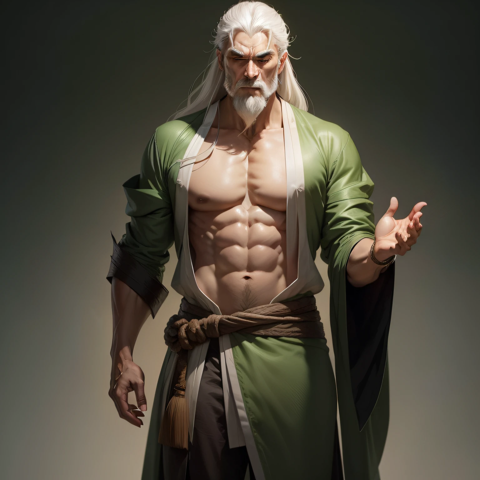 A middle-aged man, approximately 50 years old, dressed in a loose moss green robe stands, He has long hair white and a thin , and his serene expression reveals wisdom, This character design is reminiscent of Chinese martial arts heroes in Japanese anime, with finely craftedaracter design and a mature artistic style, ((character concept art)), full body character drawing, r his shirt was open to reveal his abdomen and chest he solo
