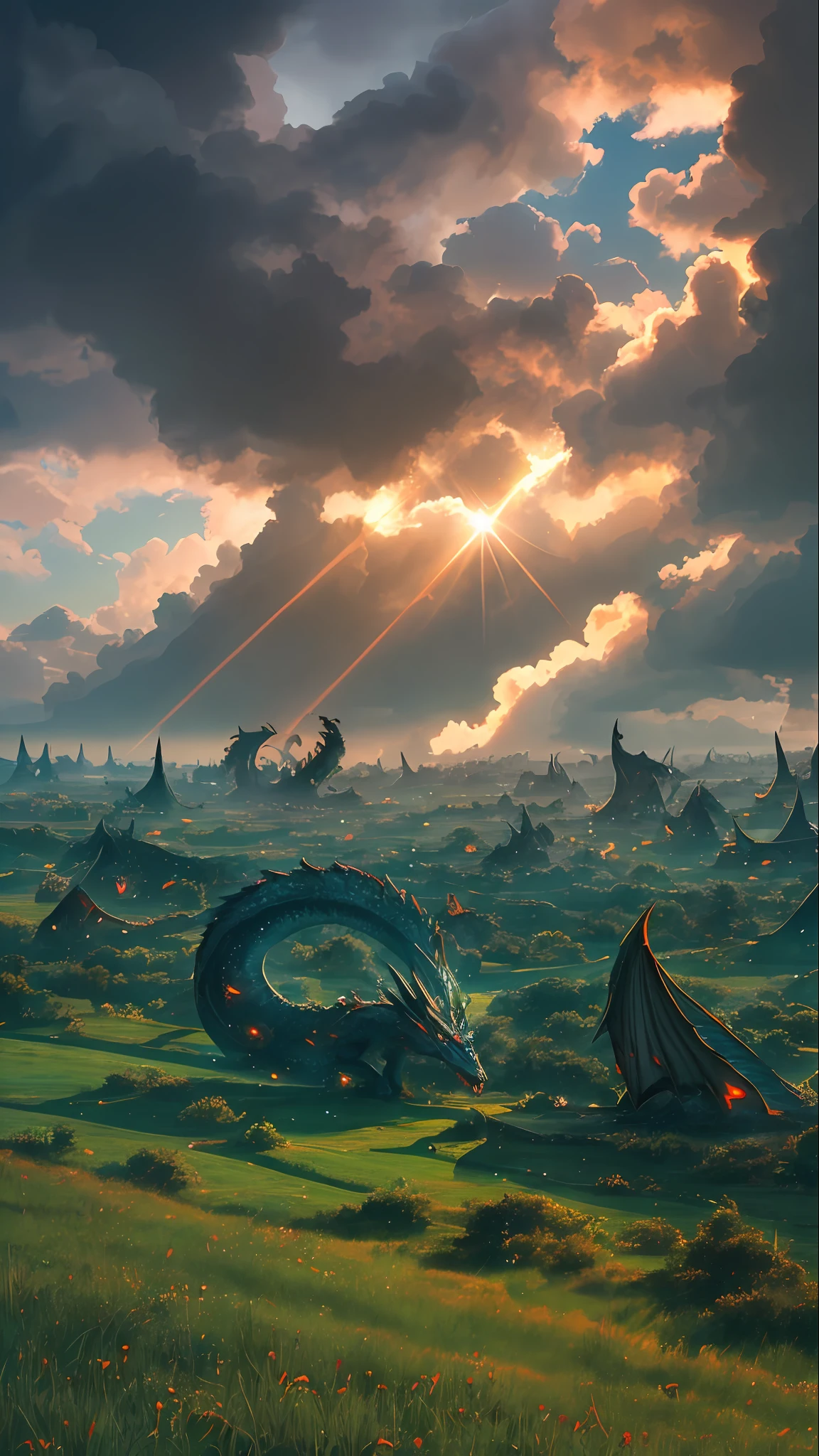 RAW photo, a a vast green landscape (a landscape in the background:1.1), 8k uhd, dslr, soft lighting, high quality, film grain, Fujifilm XT3, A detailed battlefield scene, with the camera positioned from the side, capturing the wide angle of the entire battlefield, Sky partially covered by dense, ominous clouds, partially obscuring the sun, dramatic god rays, sky displays a beautiful gradient of light blue and orange hues, intense and magical battle, hundreds of fantastical creatures from different realms, fierce combat, among them are majestic dragons, dragons soaring through the air, towering giants wielding colossal clubs stomp across the ground, enchanting elves, powerful sorcerers cast spells, dazzling bursts of energy, faeries dart through the chaos, leaving trails of sparkling magic, the ground is scorched and torn from the impact of spells and monstrous attacks. Dust and debris fill the air, epic scope, magical battlefield, color, and dynamic action extraordinary creatures - --auto --s2