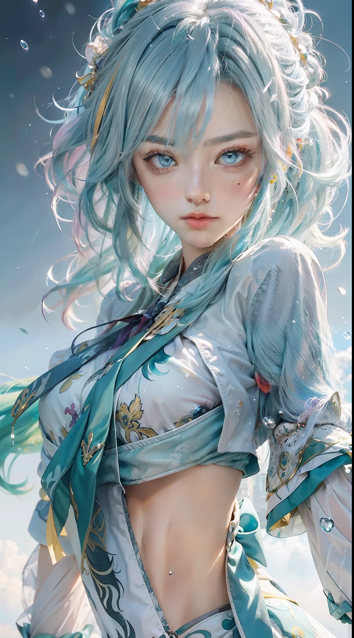 ((tmasterpiece)), Best Picture Quality, Super high detail CG Unity 8k wallpaper, Brilliant illustrations, Extremely delicate and beautiful picture, Suspension, A high resolution, Dynamic angle, Dynamic pose, (1girll), blue color eyes, (multicolour hair+Silvery hair^1.3+red tinted hair^1.2+Purple colored hair+Yellow hair^1.3+Green hair^1.3), White martial arts costume, Tie ribbon, Beautiful face, Droplets of water that keep dripping, Clouds, during dawn, Expansive views, Watercolor rendering。

Please note，The content of this Prompt has been optimized and adjusted appropriately，to accommodate the requirements of the Stable Diffusion model。