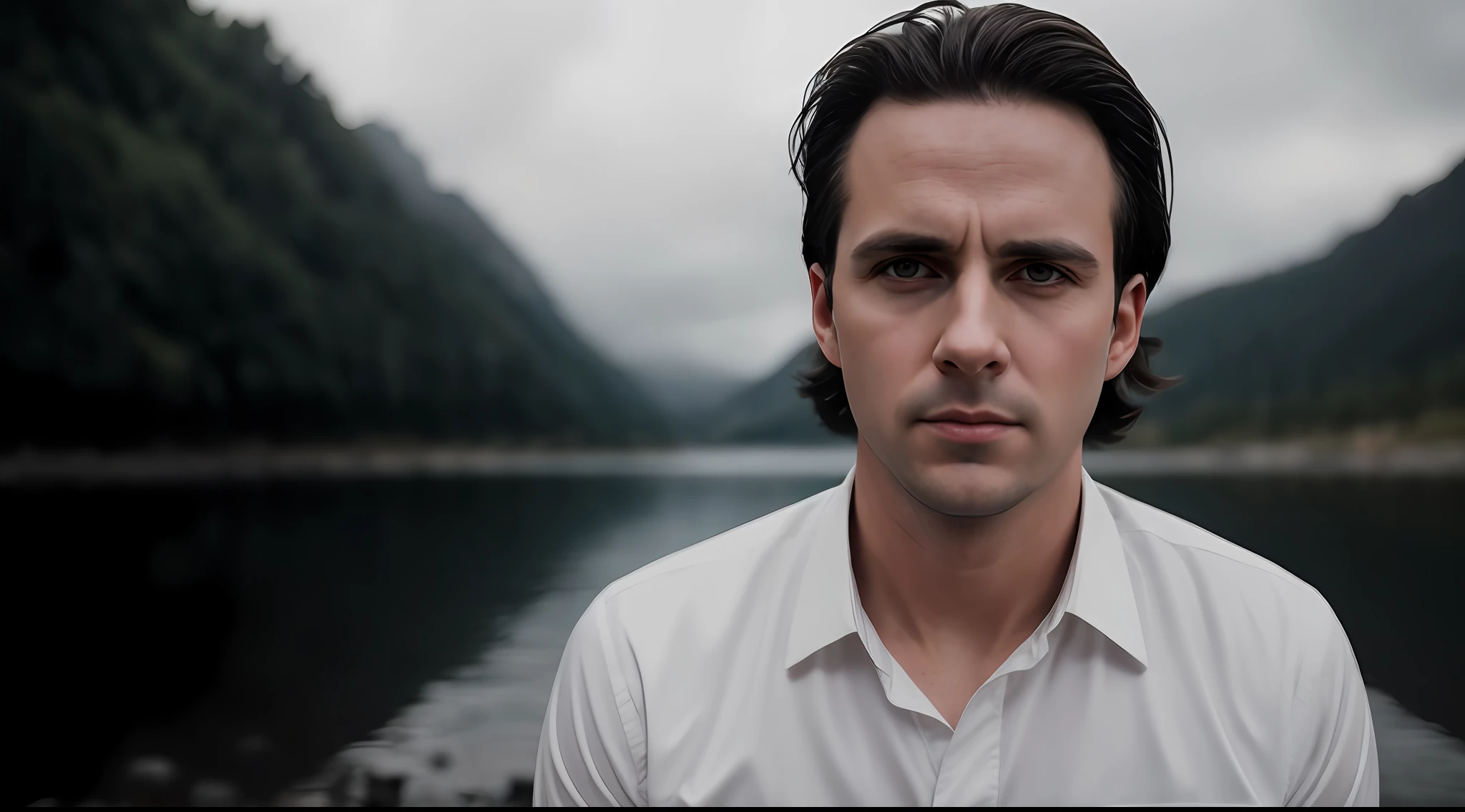 RAW photo, photography, photorealistic, (extremely detailed RAW photo 8k), photo of the most beautiful full body photo of a white man, white shirt, jeans., clean shaven, 35 years old, dark hair, wide forehead with entrances, square face, black eyes, serious face, looking at viewer, simple background, majestic professional nostalgia, photo by Ed Blinkey, Atey Ghailan, dramatic, sharp focus, photorealistic by midjourney and Greg Rutkowski