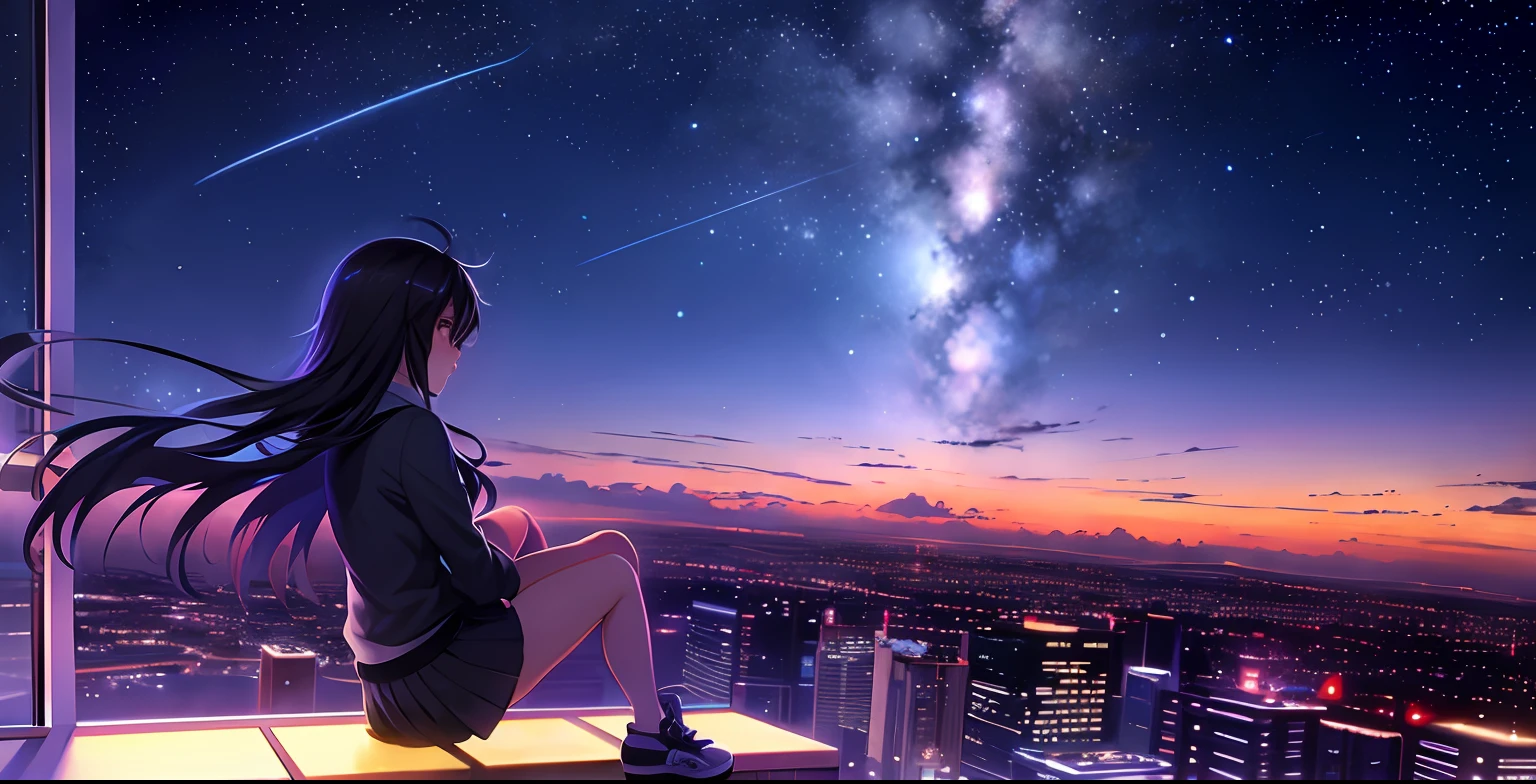 Anime girl sitting on a ledge looking at city lights, cosmic sky. by makoto shinkai, beautiful anime scene, 4k anime wallpaper, makoto shinkai cyril rolando, anime vibes, By Shinkai Makoto!, ( ( By Shinkai Makoto ) ), anime art wallpaper 4k, anime art wallpaper 4k, anime beautiful peace scene