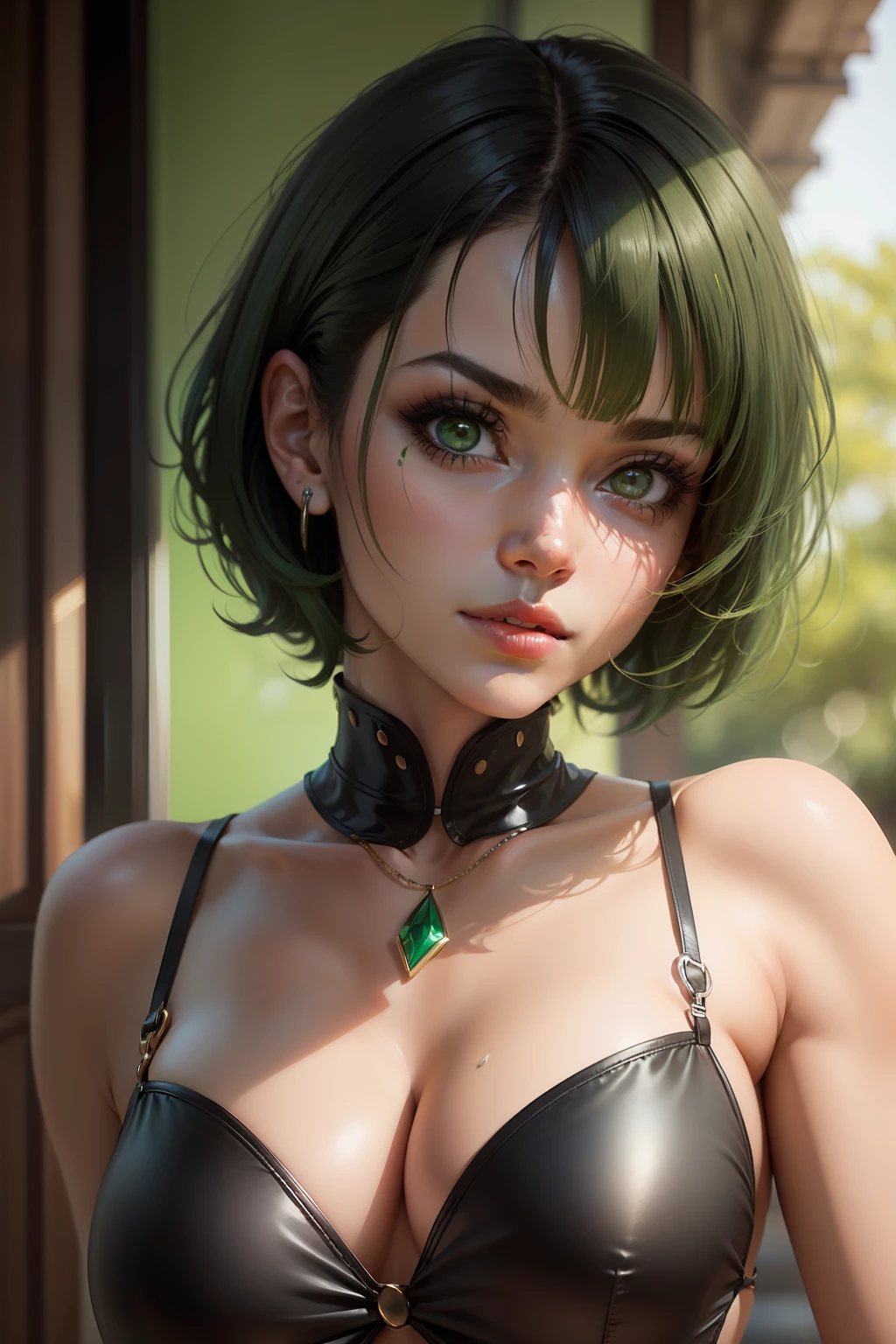 rosto de mulher brasileira realista com olhos verdes e cabelo negro