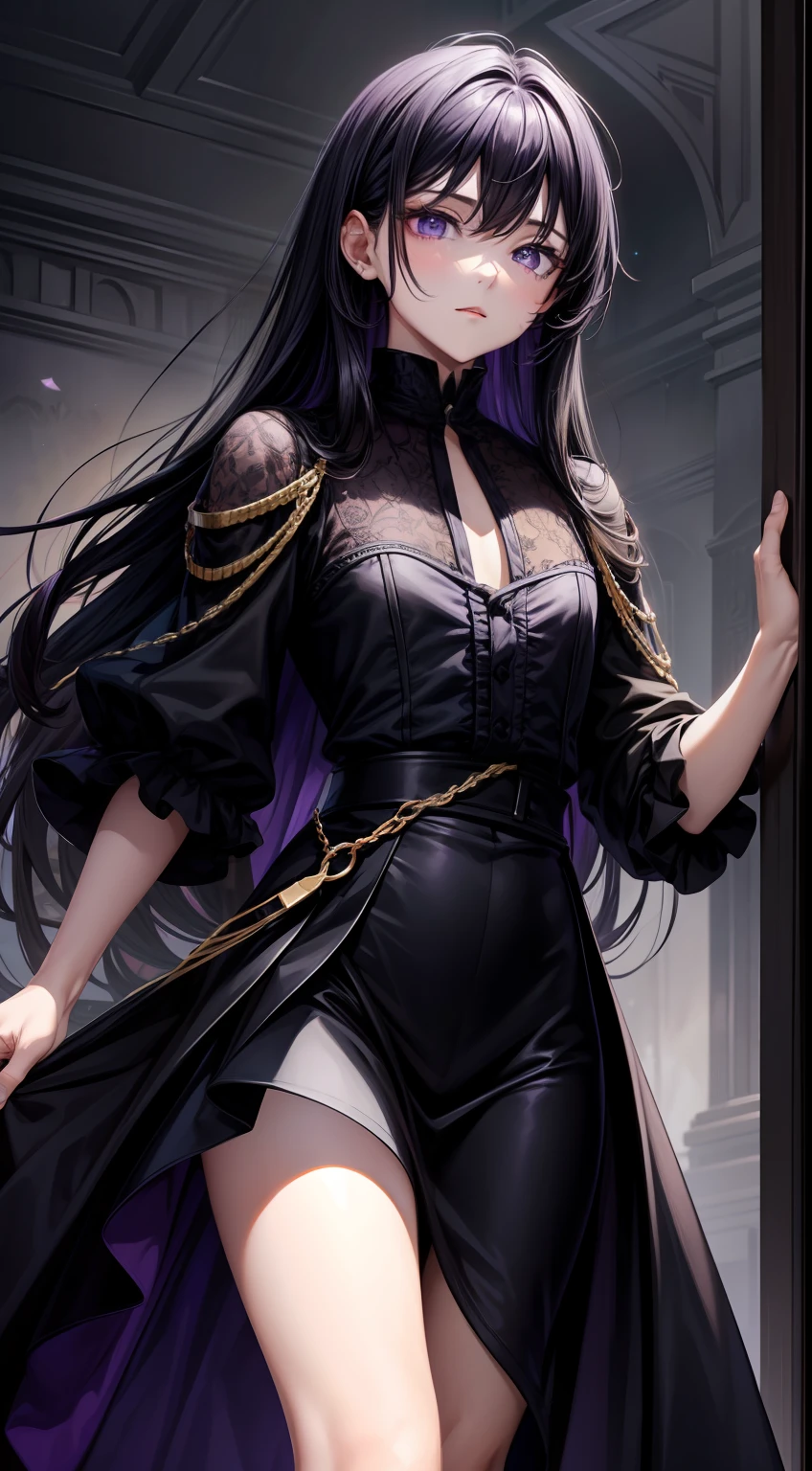 young boy, long dark purple or black hair, violet eyes, Black rich clothes, Masterpiece, hiquality
