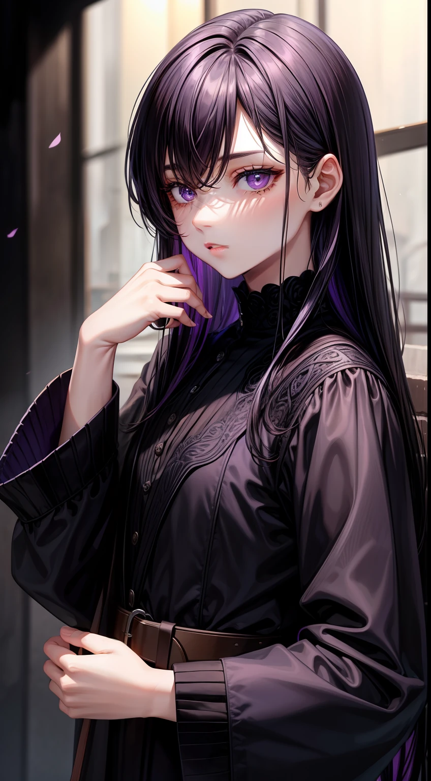 young boy, long dark purple or black hair, violet eyes, Black rich clothes, Masterpiece, hiquality