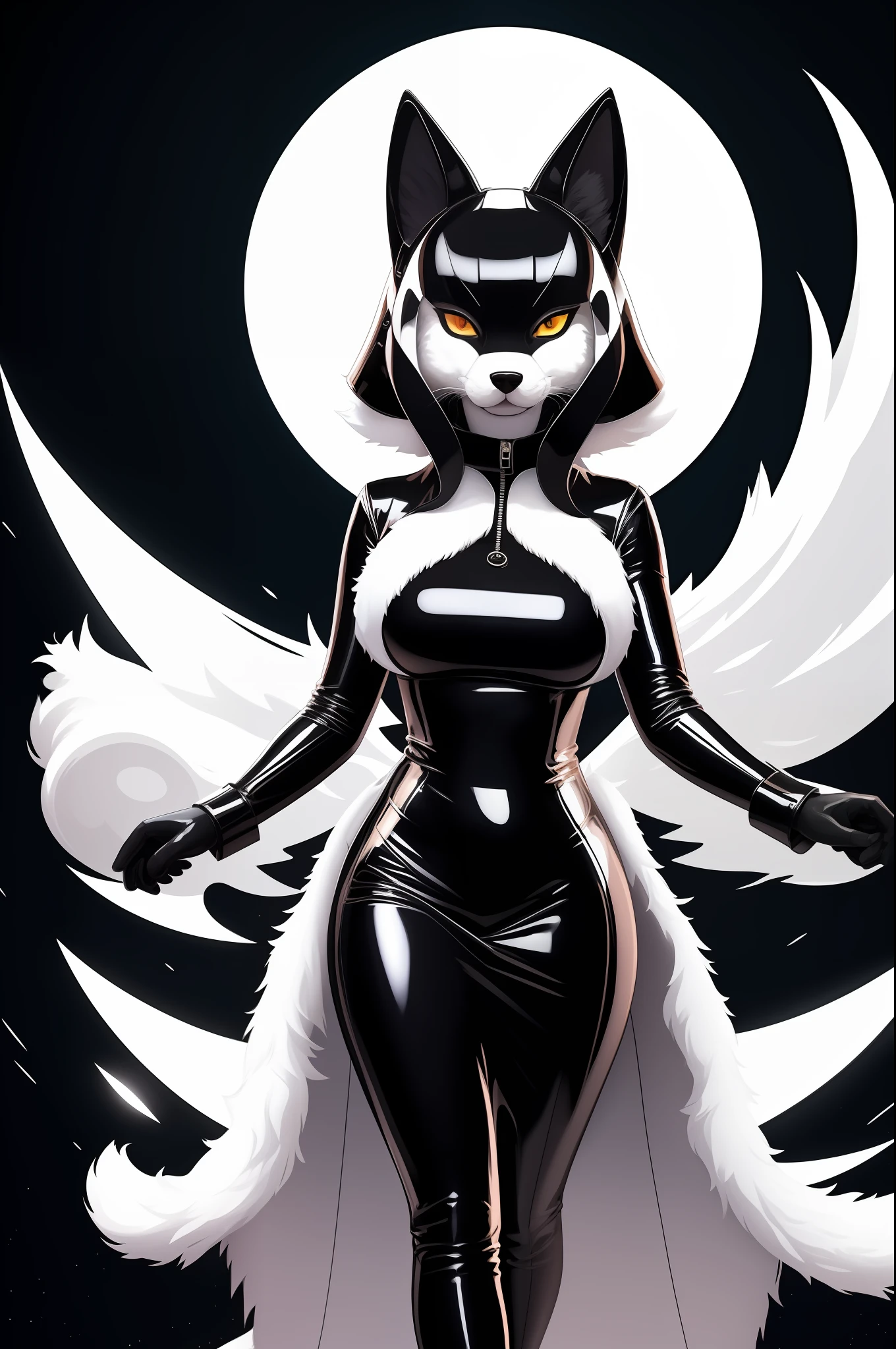 in frame, full body, furry art, white, animal doggy, dressed in Tight Slim Long Deep Black Shiny Metallic Latex Gown, sci-fi night city, vector art by Sōami, behance contest winner, furry art, fron, Marvel Comics aesthetic, centered artwork, perfect symmetry, Adobe Illustrator, 2d