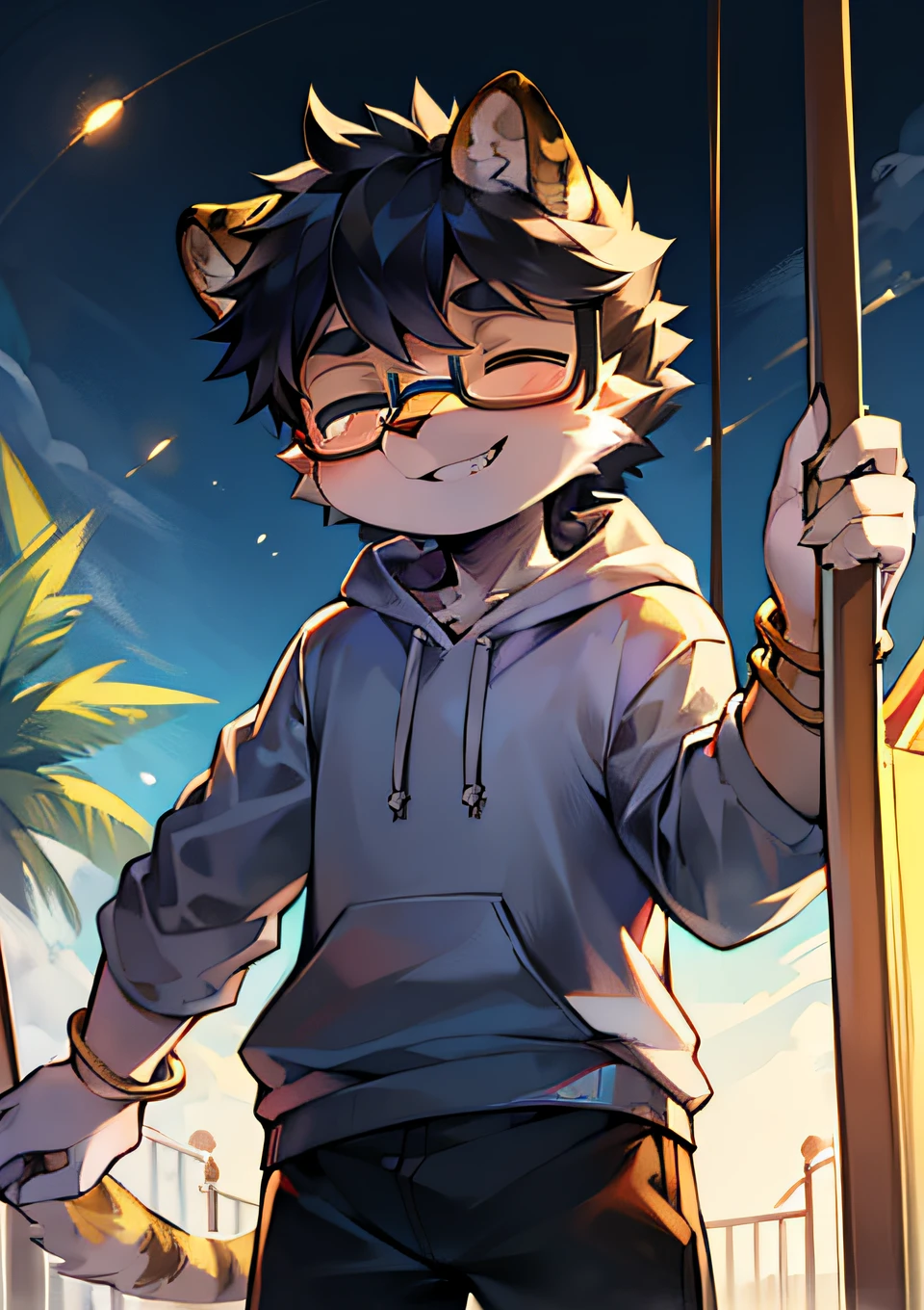 1.Brother,(Bright environment:0.8),eyes with brightness, Upper body, Character focus.(detailedbackground:0.7), adolable,furry men, age,The head is on the large side,shaggy male,Sunny and cheerful,Smiling,Wear blue and black glasses,White sweatshirt,tigre,(Long felines,Shota,Normal standing posture)Steady and secure,Laser sword。2.Brother's,tmasterpiece, High-quality portraits, human - shaped, shaggy, grey fur, (Cubs), (sbeard), Solo children's boy, bangle, (Playground swing), leisure wear, (Smile with your eyes closed and bared teeth), exteriors, (by Kekitopu)