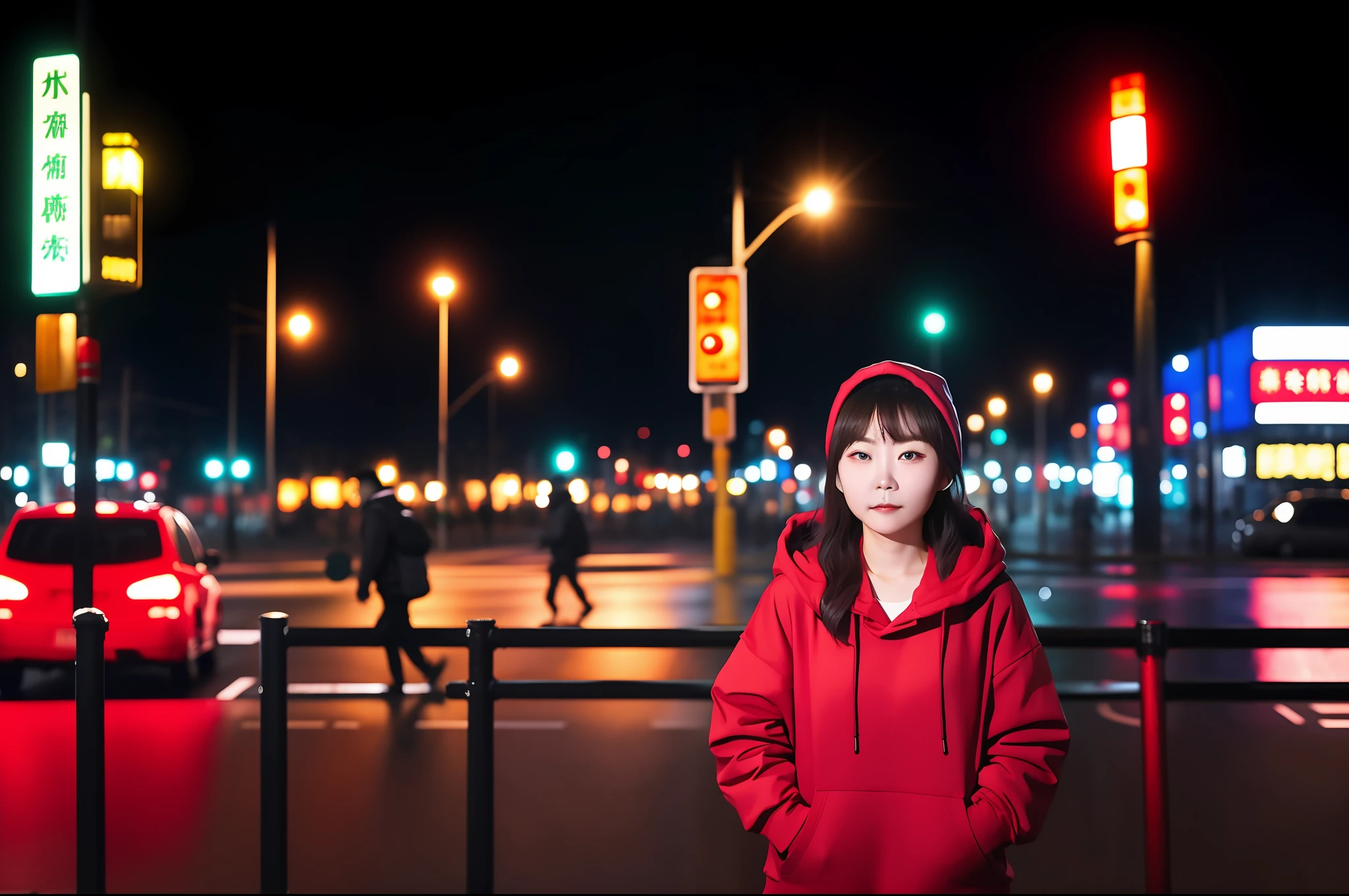 A 30-year-old Chinese girl,Stand at a crosswalk at an intersection,Look at the traffic in red, etc,a darkness street,Listen to music, Lonely, Rainy, Medium shot, Movie color, Film texture, Beautiful melancholy big eyes, Masterpiece, Best quality, Hoodie , Hair of medium length