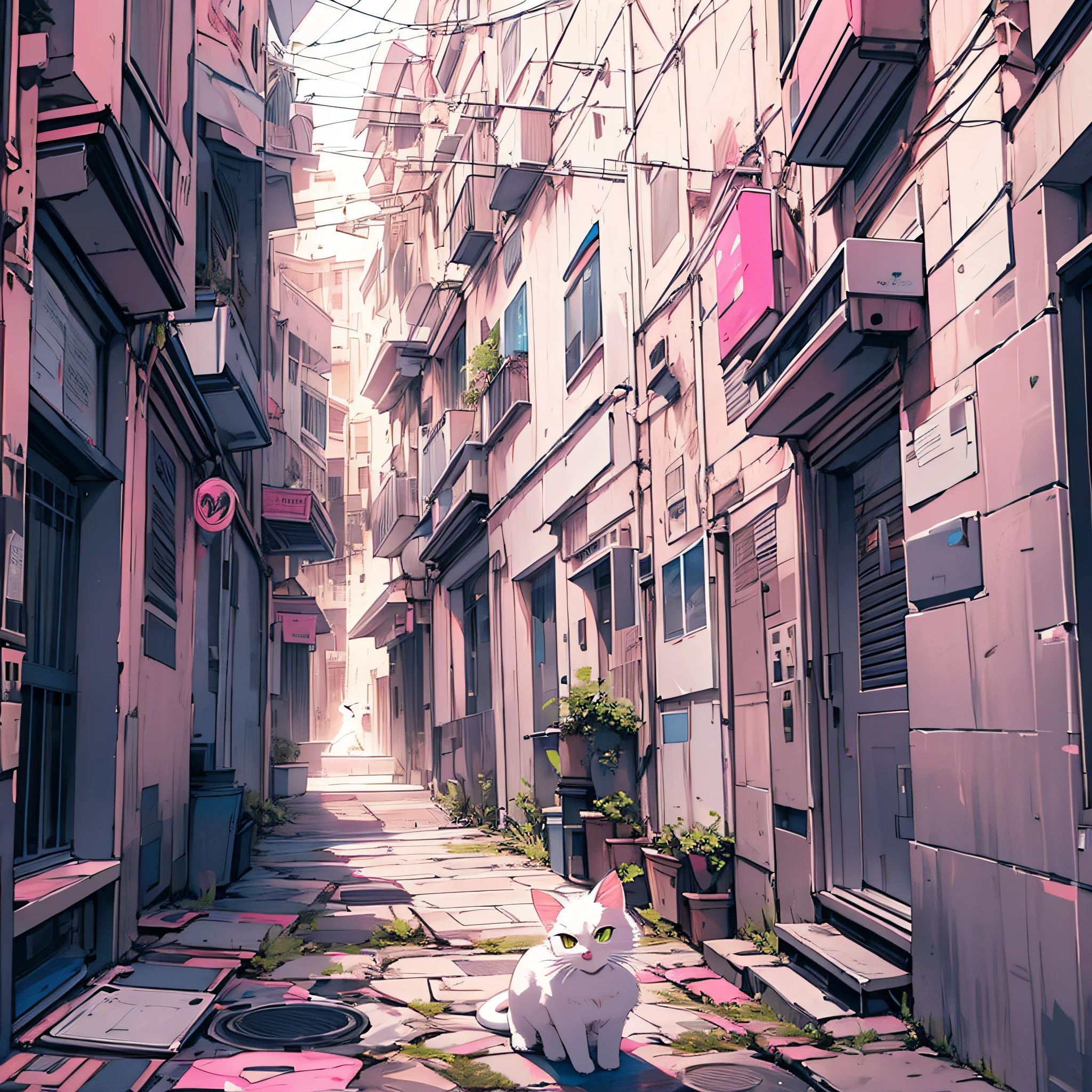 a white cat,Fluorescent pink,k hd,tmasterpiece,alleys