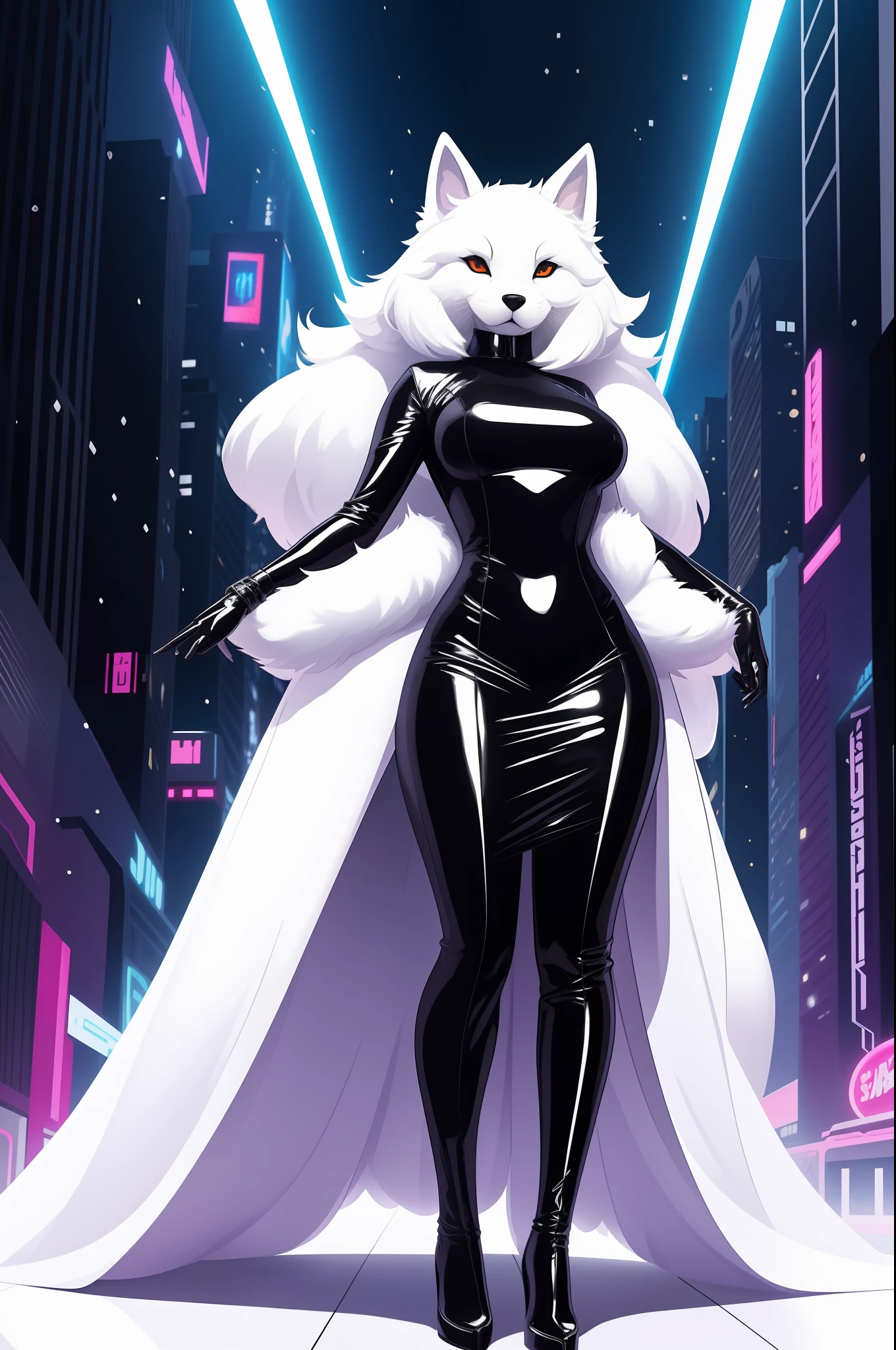 in frame, full body, furry art, white, animal doggy, dressed in Tight Slim Long Deep Black Shiny Metallic Latex Gown, sci-fi night city, vector art by Sōami, behance contest winner, furry art, fron, Marvel Comics aesthetic, centered artwork, perfect symmetry, Adobe Illustrator, 2d