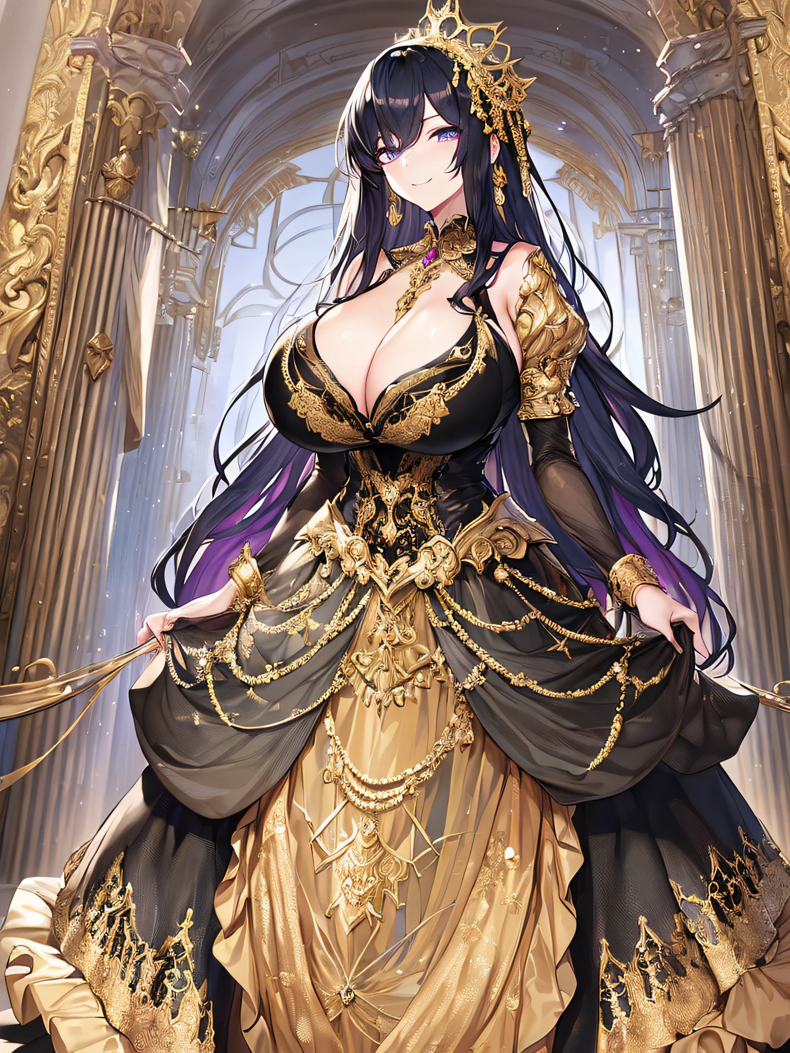 ((anime artstyle)),(Masterpiece),(Best Quality), (Super Detail),((Very Delicate and Beautiful)),((Solo)),((full body)),((1 arrogant Empress in black and gold gorgeousfull rococo dress with voluminous skirt)),detailed face and eyes,jewel-like eyes,((arrogant)),((haughty smile)),dominant pose,(Purple eyes),Sharp eyes,((voluminous Very Long black Hair,Straight Hair)),((Bangs between eyes)),((gigantic tits,Long tits)),curvy,skindentation,((gorgeousfull embroidery and lace)),gorgeous corsage,See-through,gorgeousfull hair ornament,gorgeousfull glitter jeweled tiara,ornate ruffles,((full body)),((hoop skirt,crinoline)),Dynamic Angle,Looking at viewer,(((gorgeous embroidery black and gold gorgeousfull rococo dress with voluminous skirt)),full body