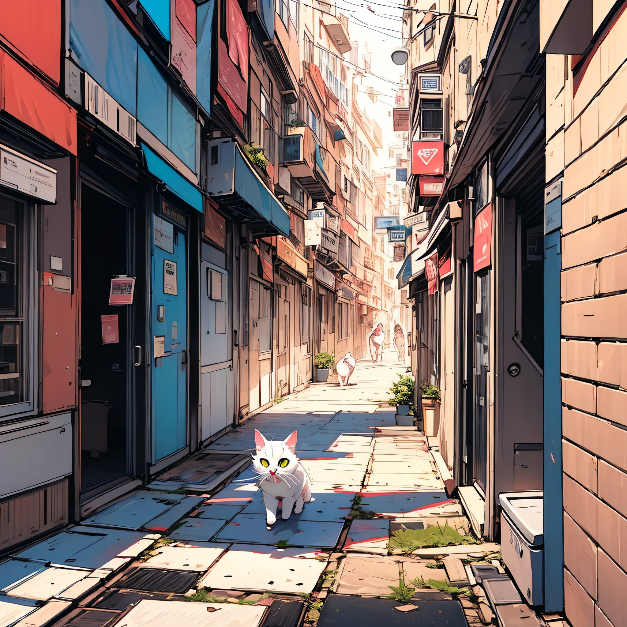a white cat,Fluorescent pink,k hd,tmasterpiece,alleys