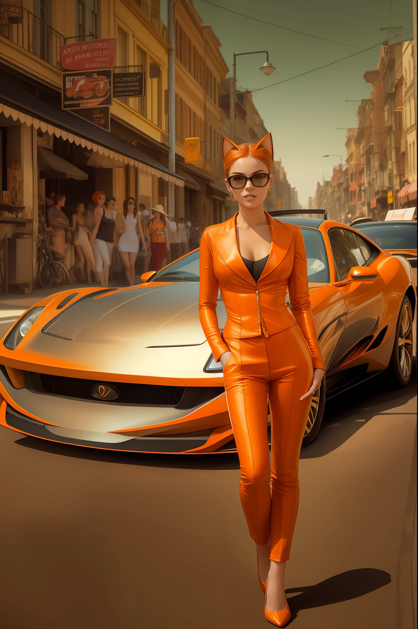 A captivating image of a young orange catwoman on a bustling summer street. Her attire reflecting her bewitching, gentle personality. The vibrant colors of the clothing and the gleaming surfaces of the behinde sports car add an element of speed and excitement. The background is blurred, emphasizing the young woman's beauty. wide aperture, standard lens, fast shutter speed