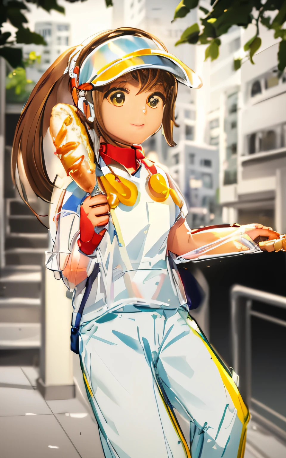 A little girl in a white visor holds a hot dog in her hand,cute female child,brown hair,pony tails,White top,Green flower pants,Yellow headphones,Nice big eyes,Bare arms,Holding a hot dog in his right hand,The left hand is placed on the railing,
