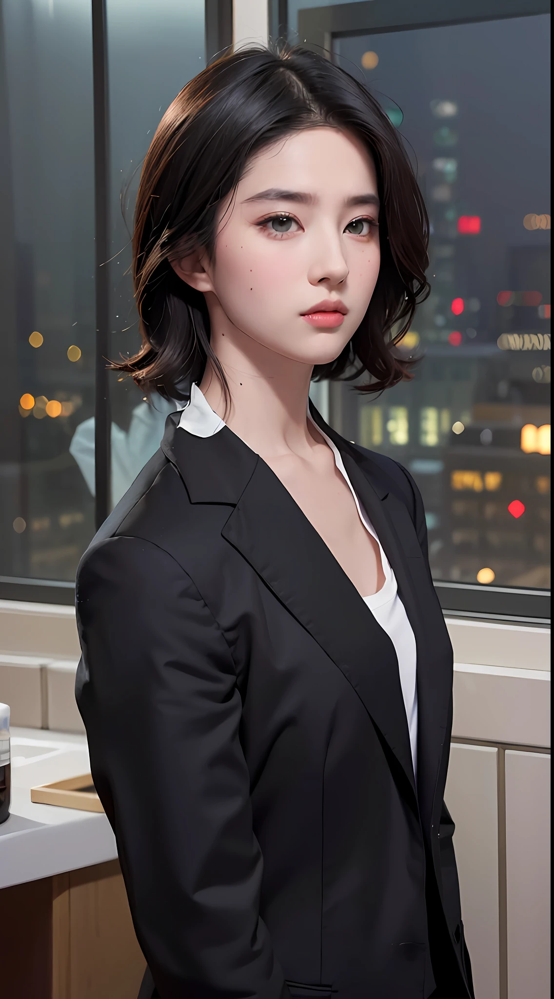 (absurd, hd, super detailed), (1 male, single, adult, mature: 1.4, age: 1.4, tall, handsome), fine eye and face portrayal, extremely short hair, black hair, hair oil, distinct hair, green eyes, (pointed chin: 1.4, thick neck: 1.4, thick eyebrows: 1.4), BREAK, night, dark, night view of the city through large windows, shirt, suit, break, upper body,